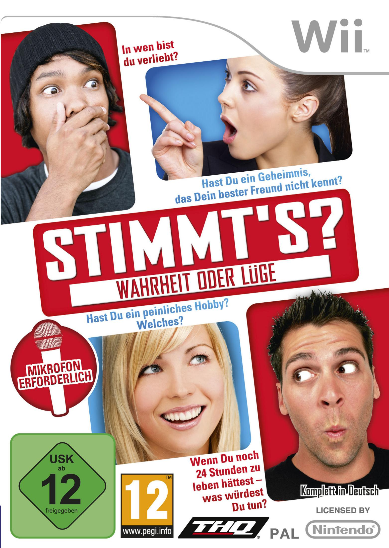 Copertina gioco Wii con tre giovani e domande di testo, icona microfono.