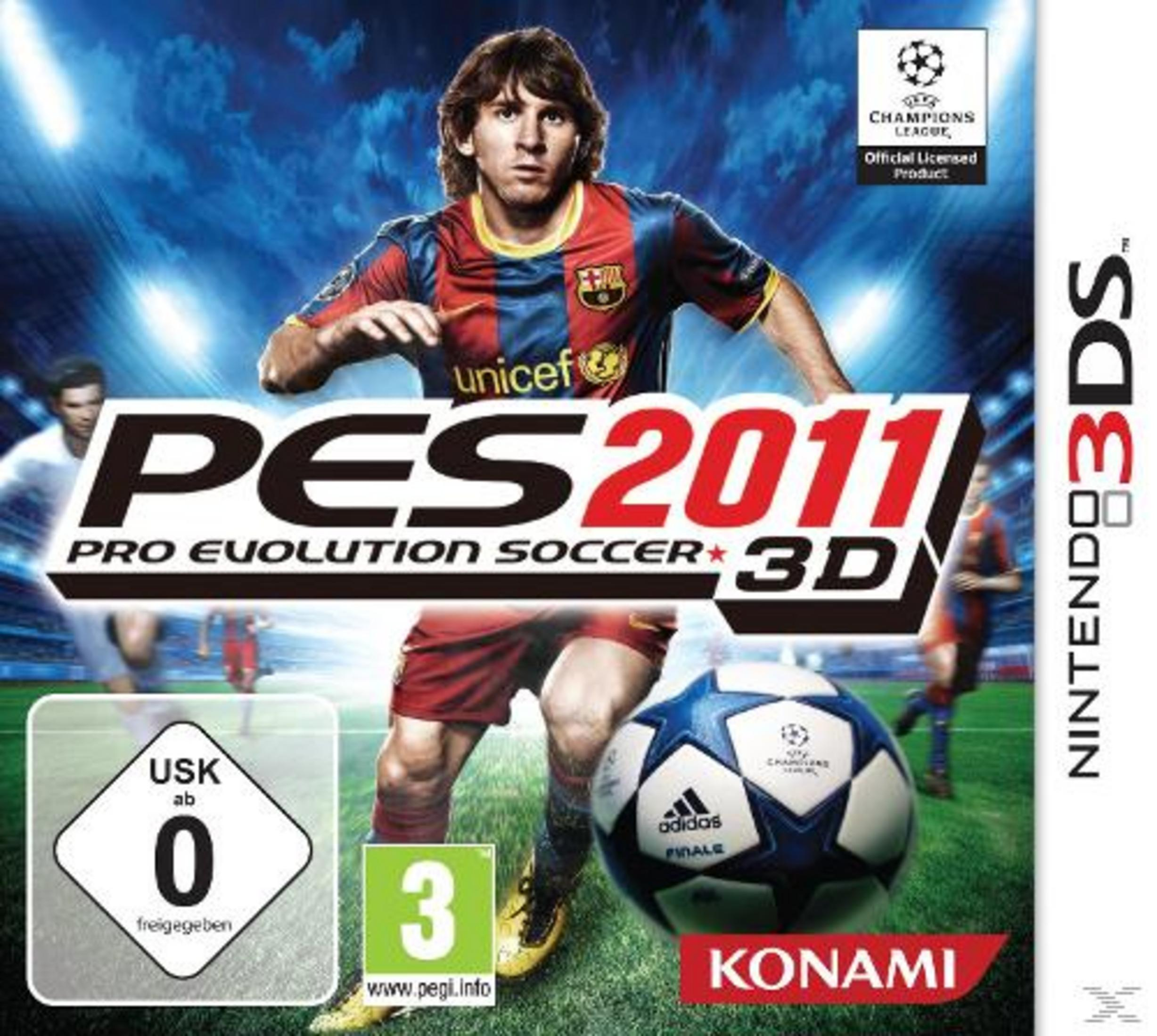 Copertina videogioco calcio con Lionel Messi, pallone e loghi. Nintendo 3DS.
