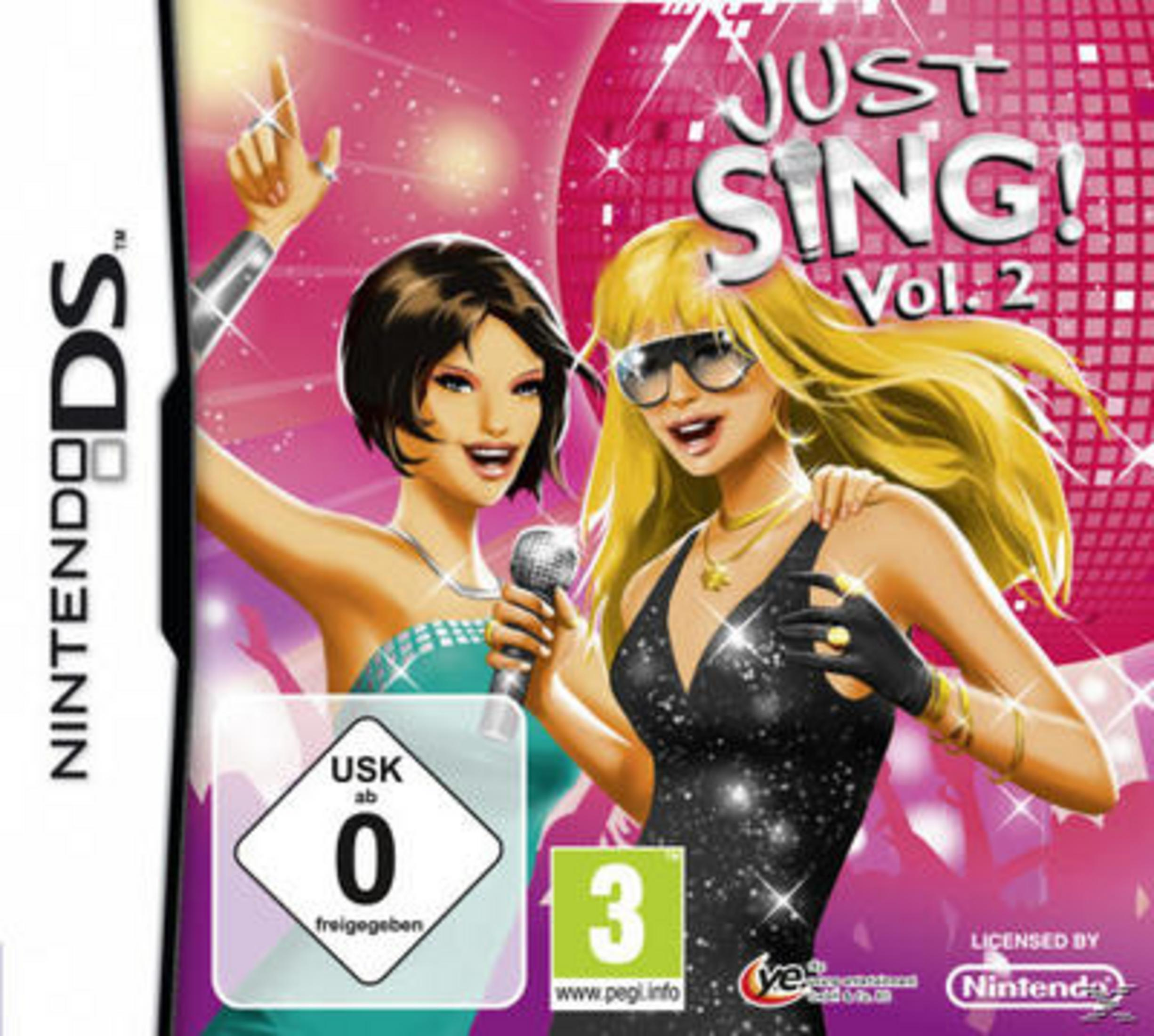 Nintendo DS Spielcover "Just Sing! Vol. 2" mit zwei Sängerinnen vor rosafarbenem Hintergrund.