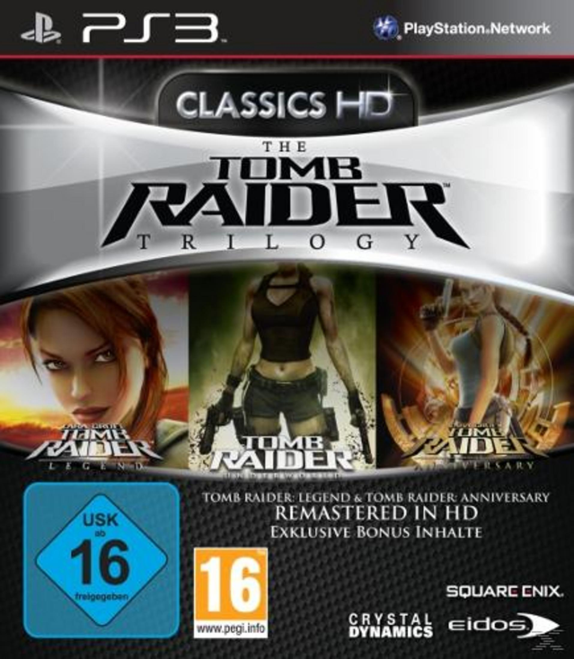 PS3 Spiel "The Tomb Raider Trilogy" Cover mit Lara Croft und Altersfreigabe 16.