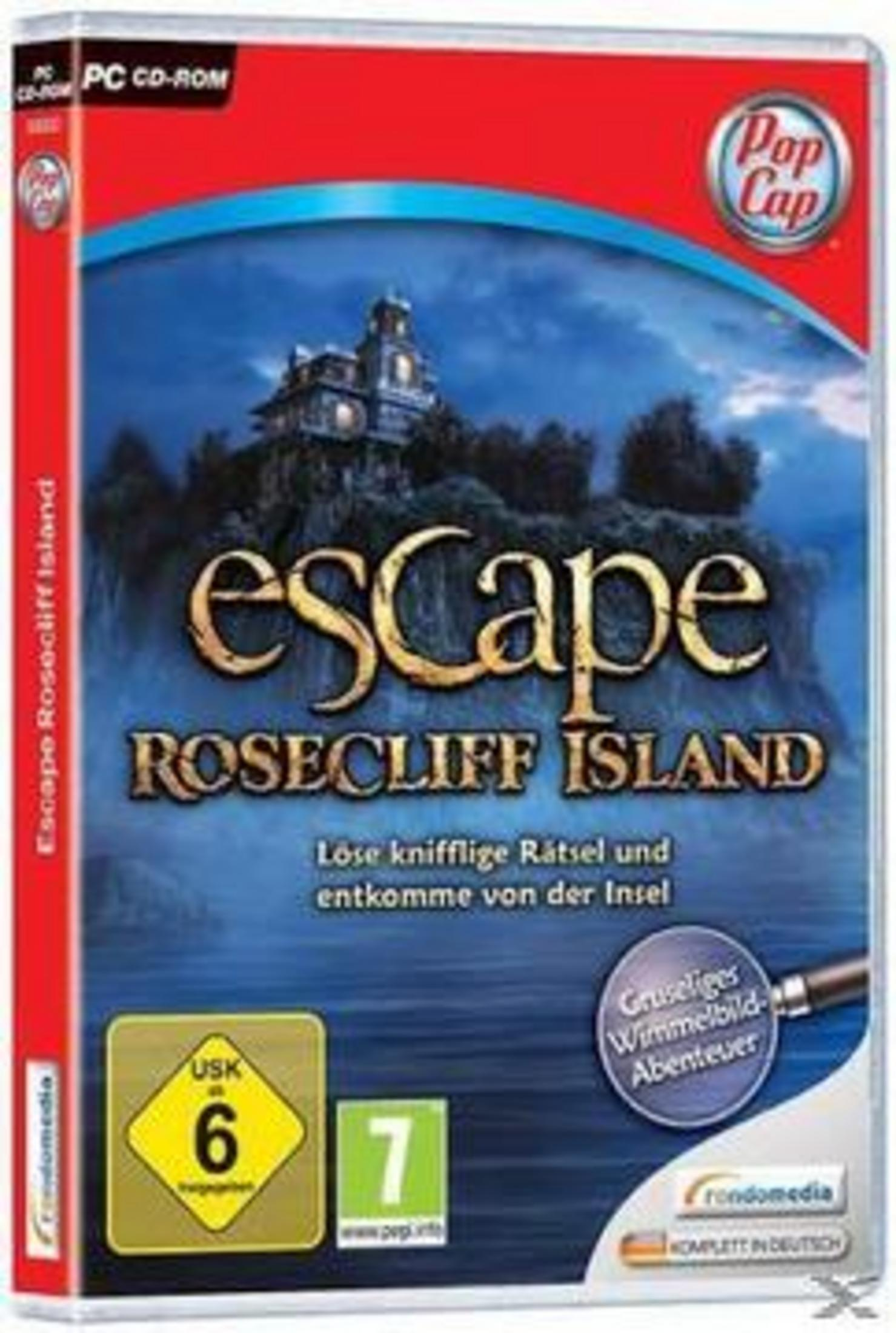 PC-Spiel "Escape Rosecliff Island" mit Spukschloss auf Felseninsel im Meer.