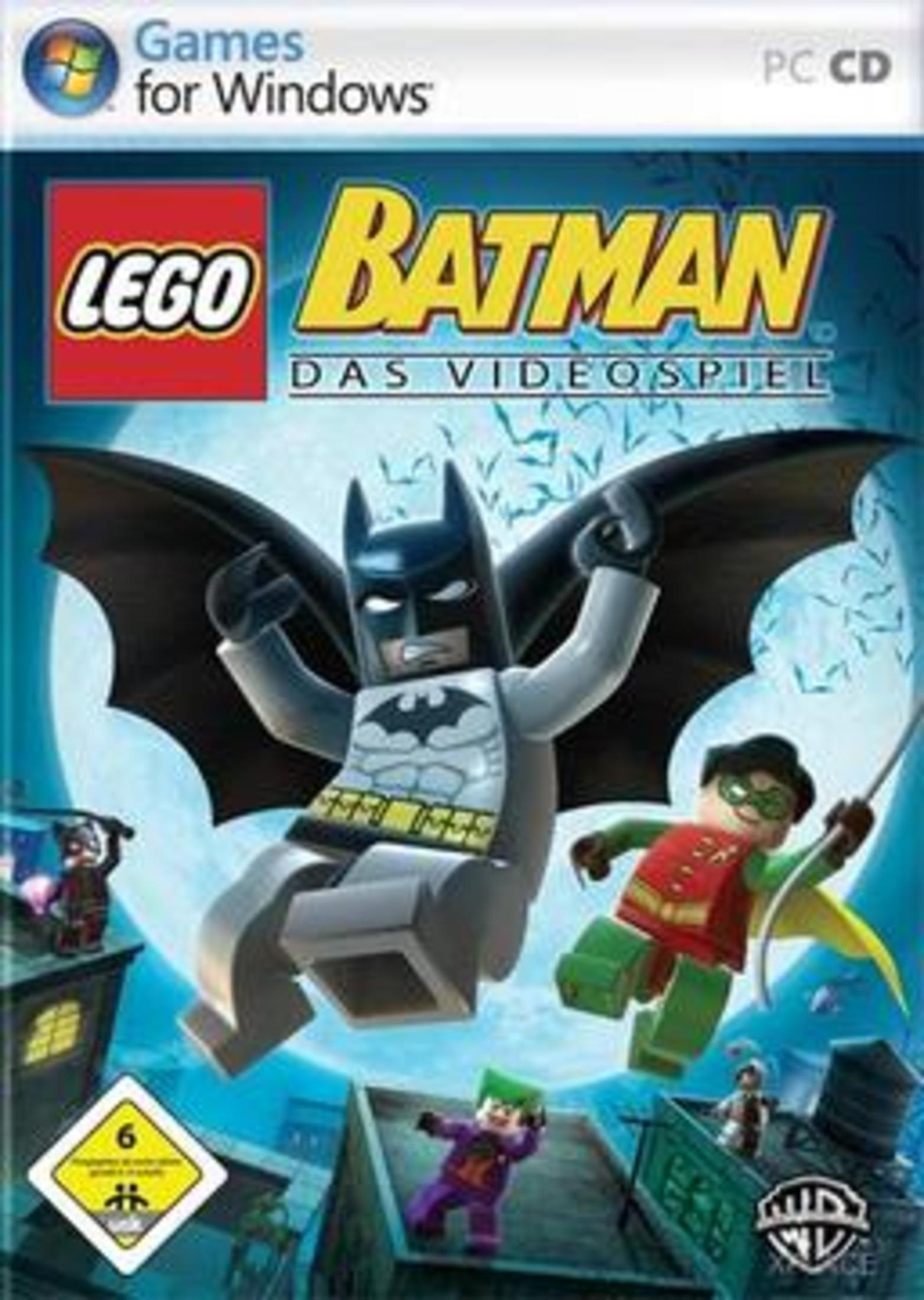 Lego Batman Videospiel Cover mit Batman und Robin auf Dächern, Joker im Hintergrund.
