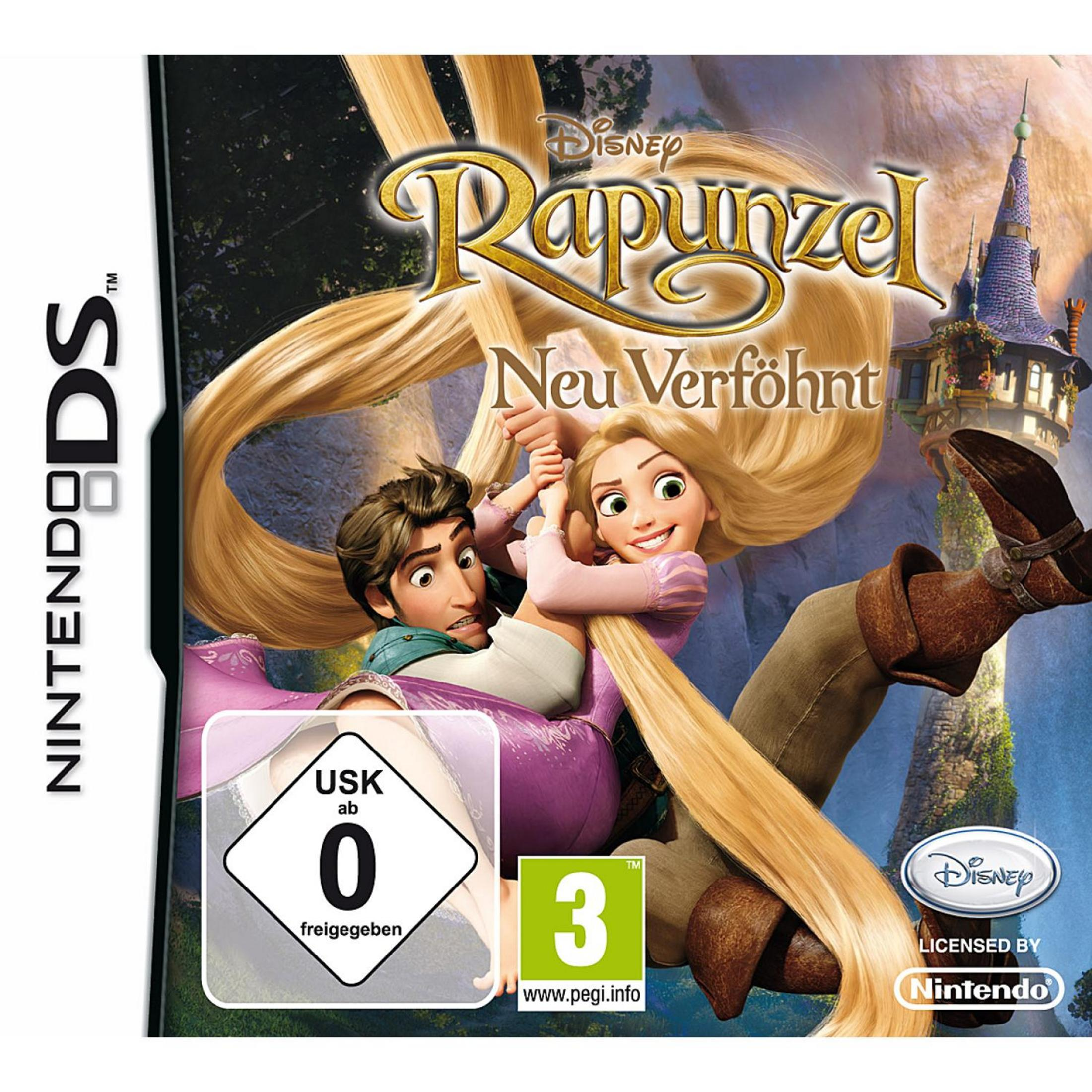 Nintendo DS Spielcover: Rapunzel und Flynn Rider in langen Haaren, mit Schloss im Hintergrund.
