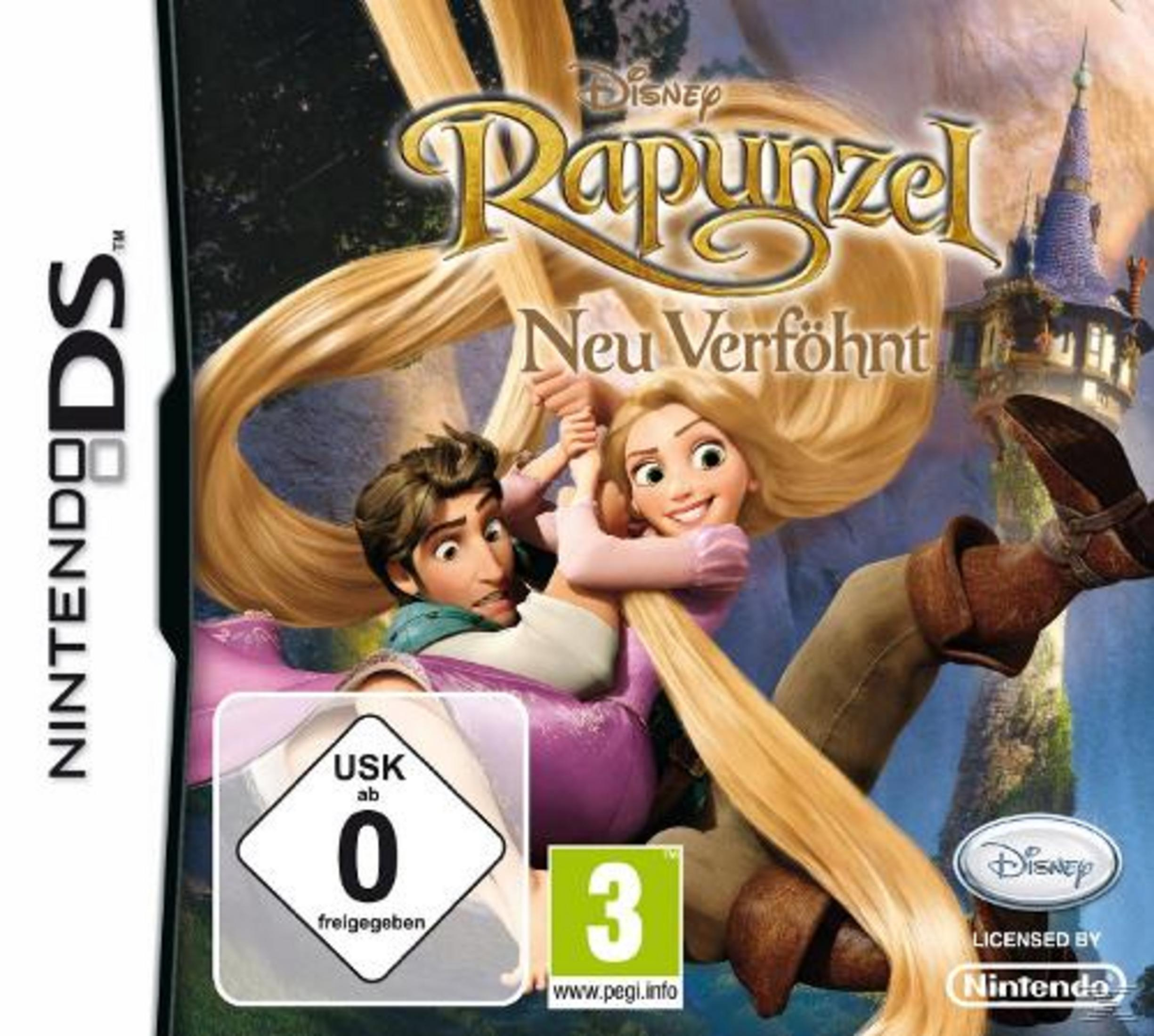 Rapunzel und Flynn Rider klammern sich an Rapunzels blondes Haar, vor einem Schloss.