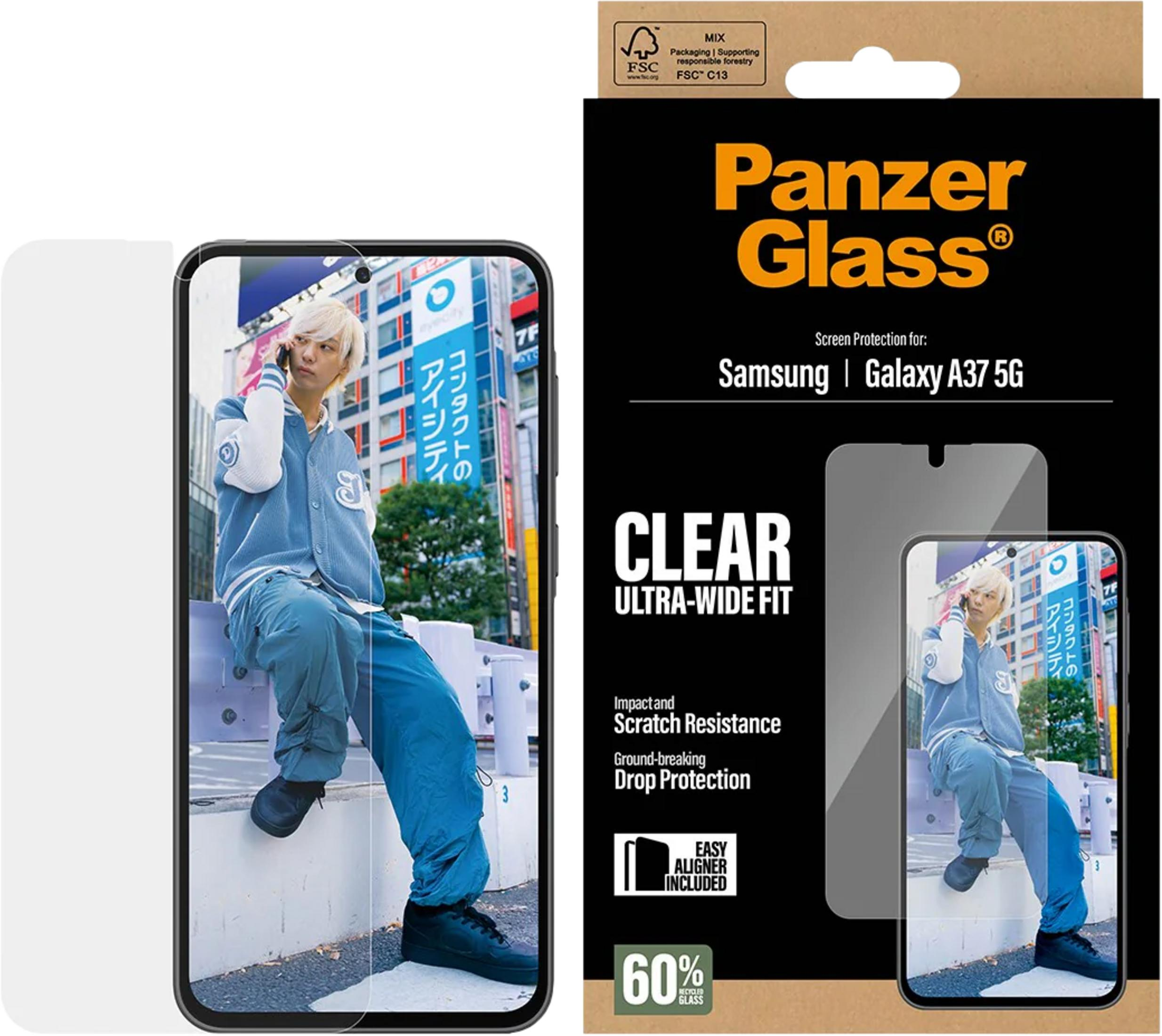Confezione Panzer Glass per Samsung Galaxy A37 5G con vista frontale.