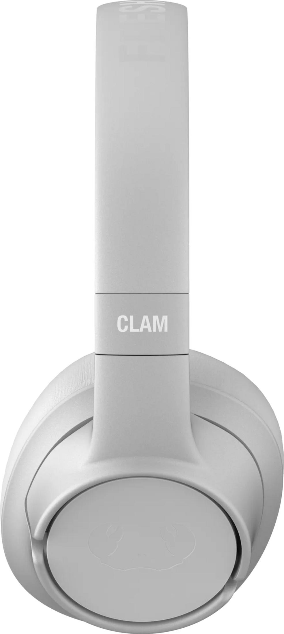 Cuffie bianche con il nome CLAM sull'archetto e un logo di granchio.