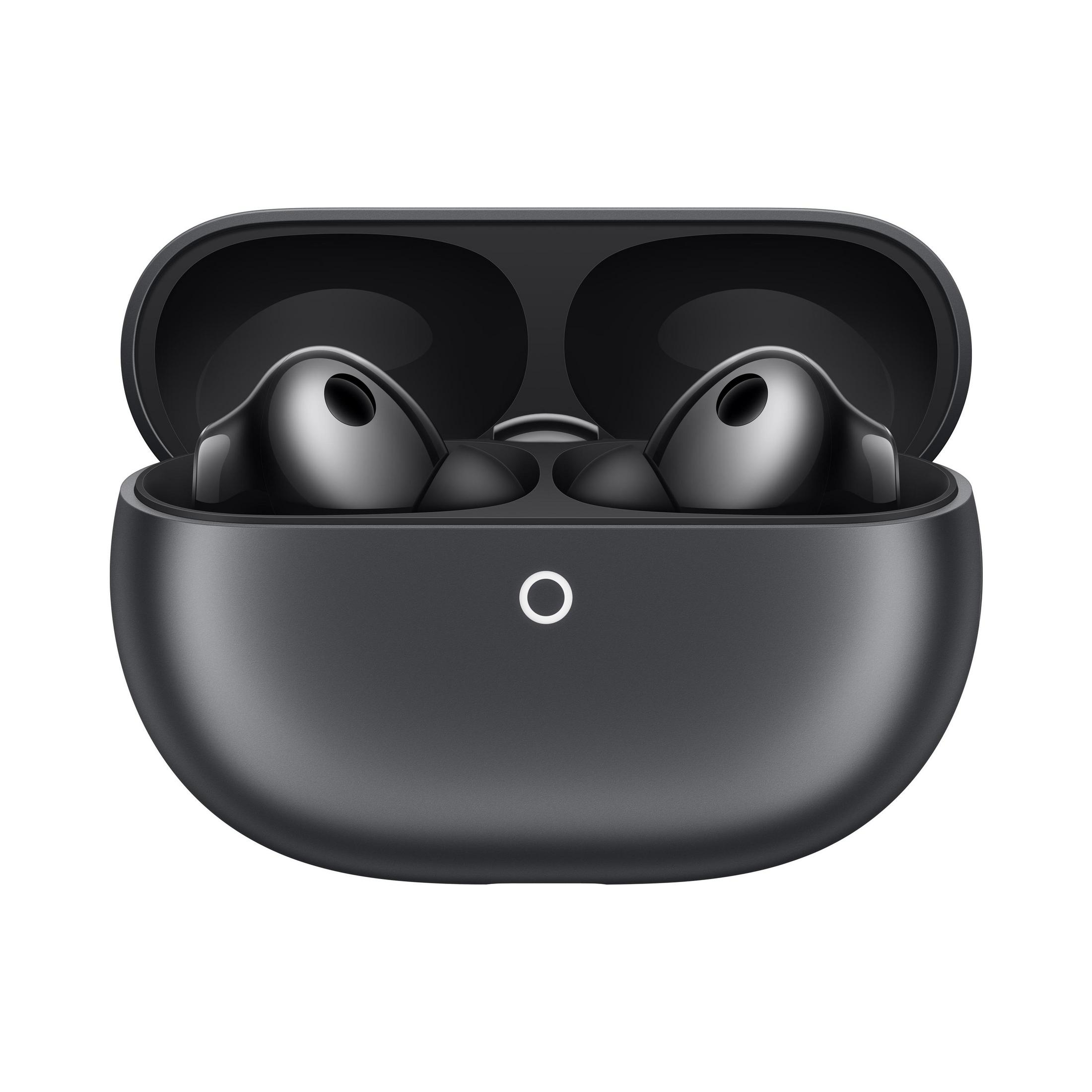A black charging case with two earbuds inside.