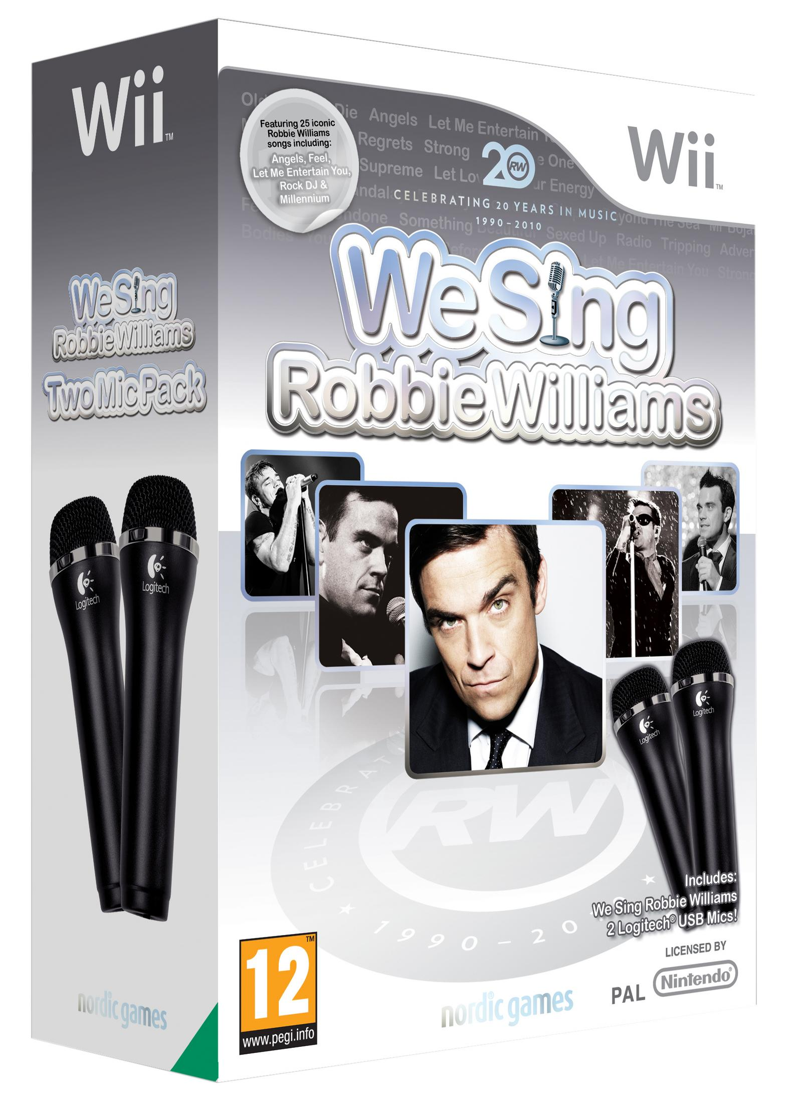 Wii-Spiel "We Sing Robbie Williams" mit zwei Mikrofonen und Robbie Williams' Porträts.