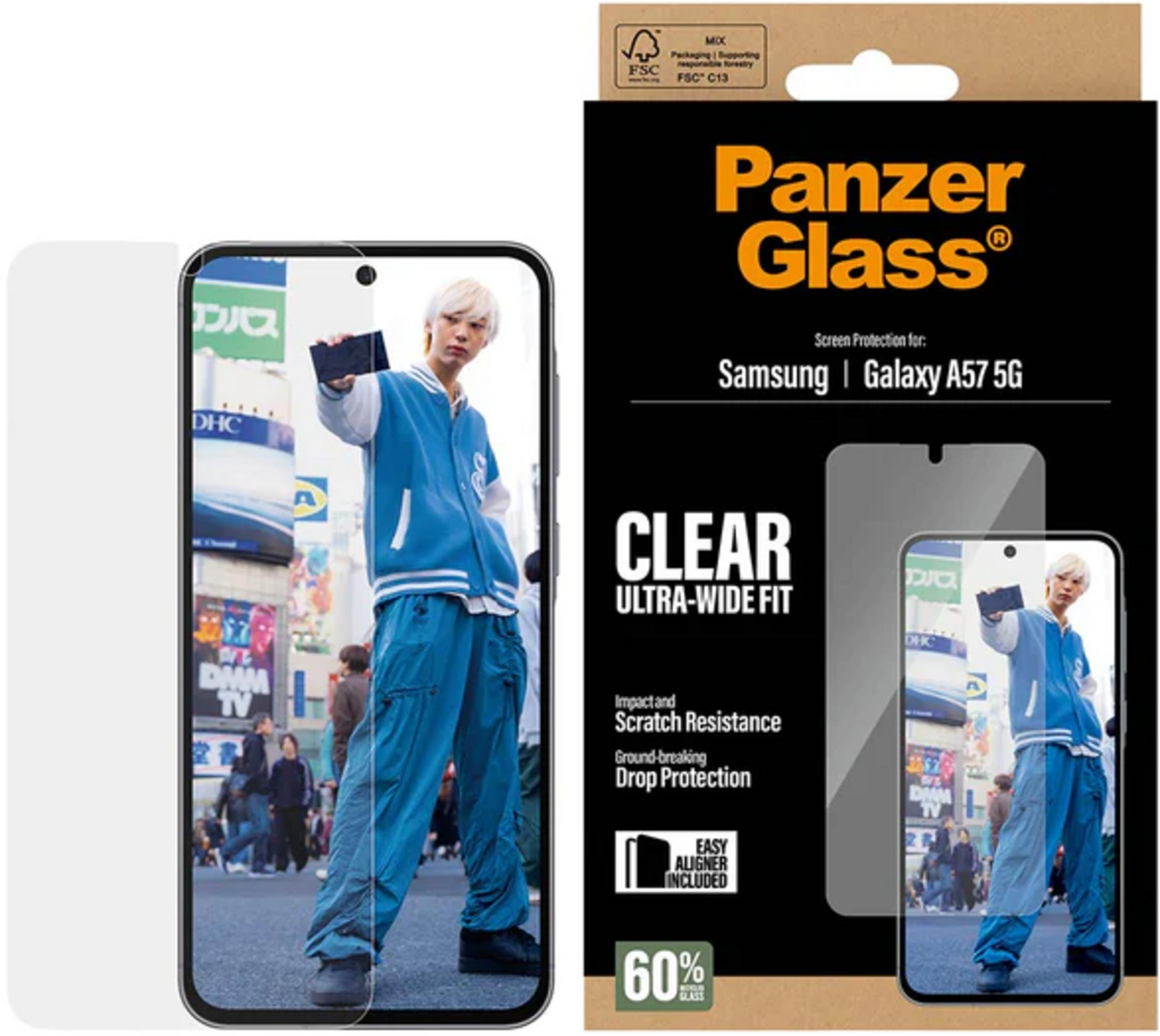 Verpakking Panzer Glass screenprotector voor Samsung Galaxy A57 5G.