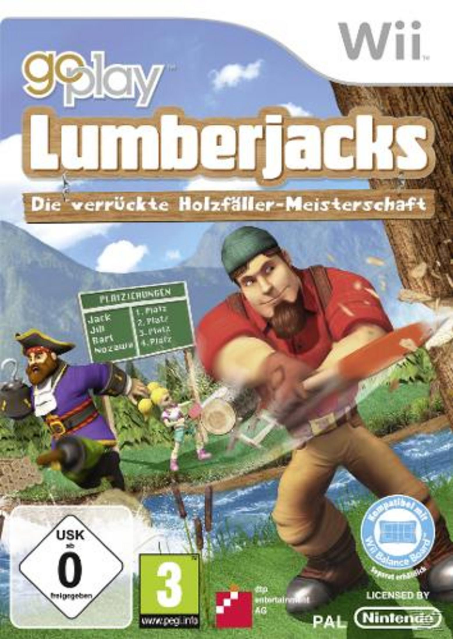 Spielcover von Lumberjacks für Wii mit Holzfällern und Piraten, einer Rangliste und Altersfreigaben.