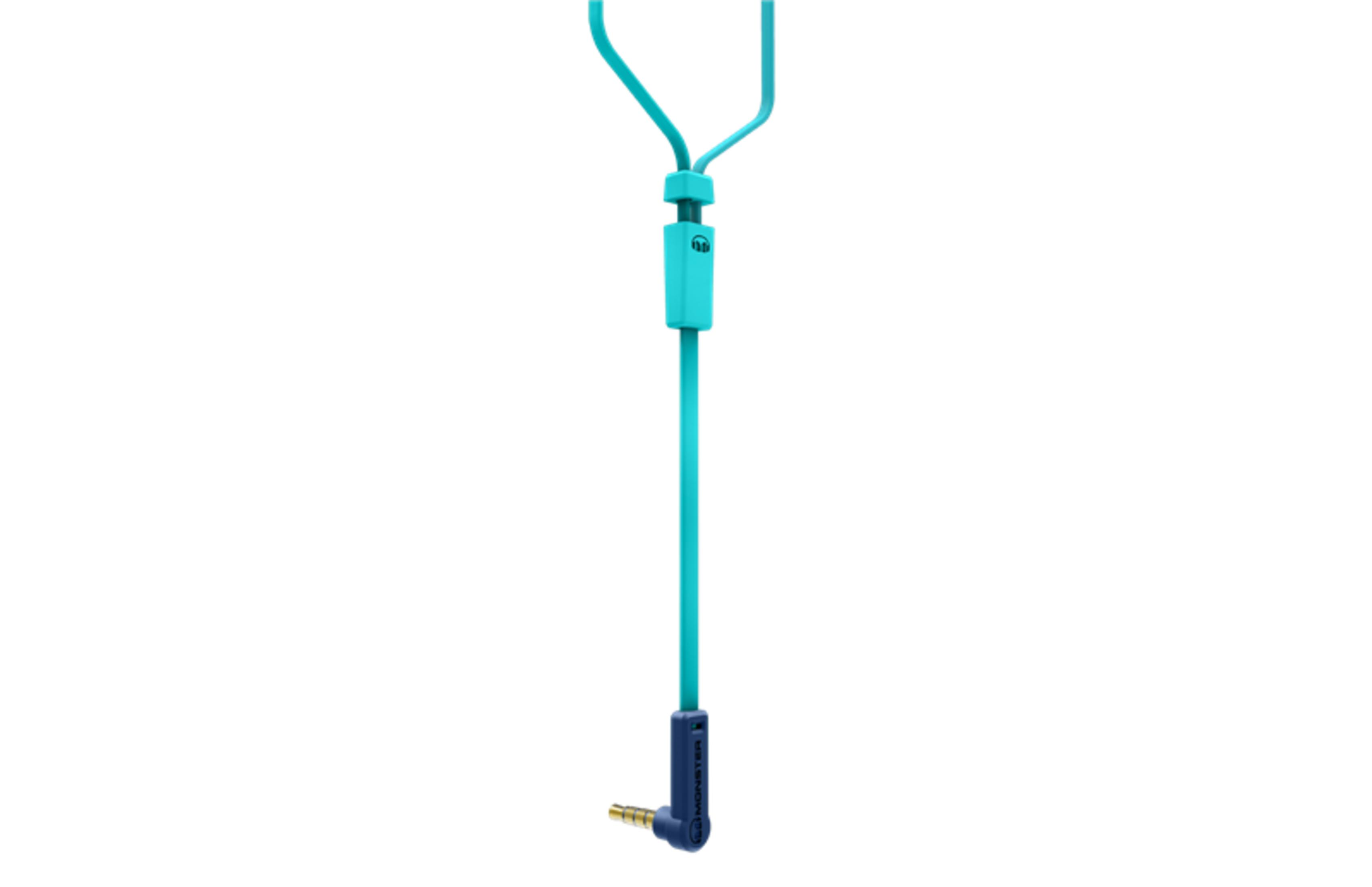 Ein türkisfarbener Kopfhörer mit L-Stecker und einem Monster-Logo.