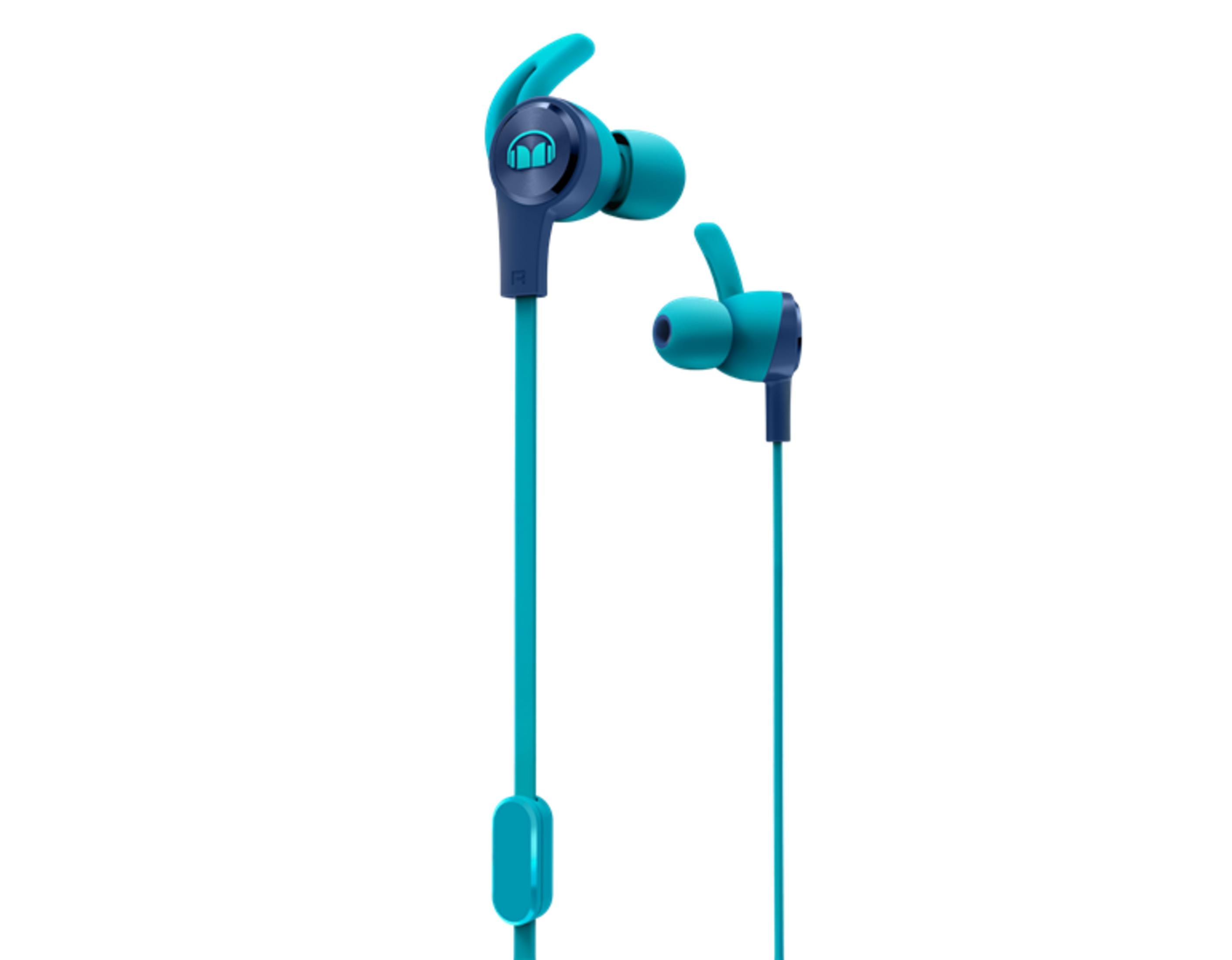 Türkise In-Ear-Kopfhörer mit dunkelblauen Akzenten und Logo auf weißem Hintergrund.