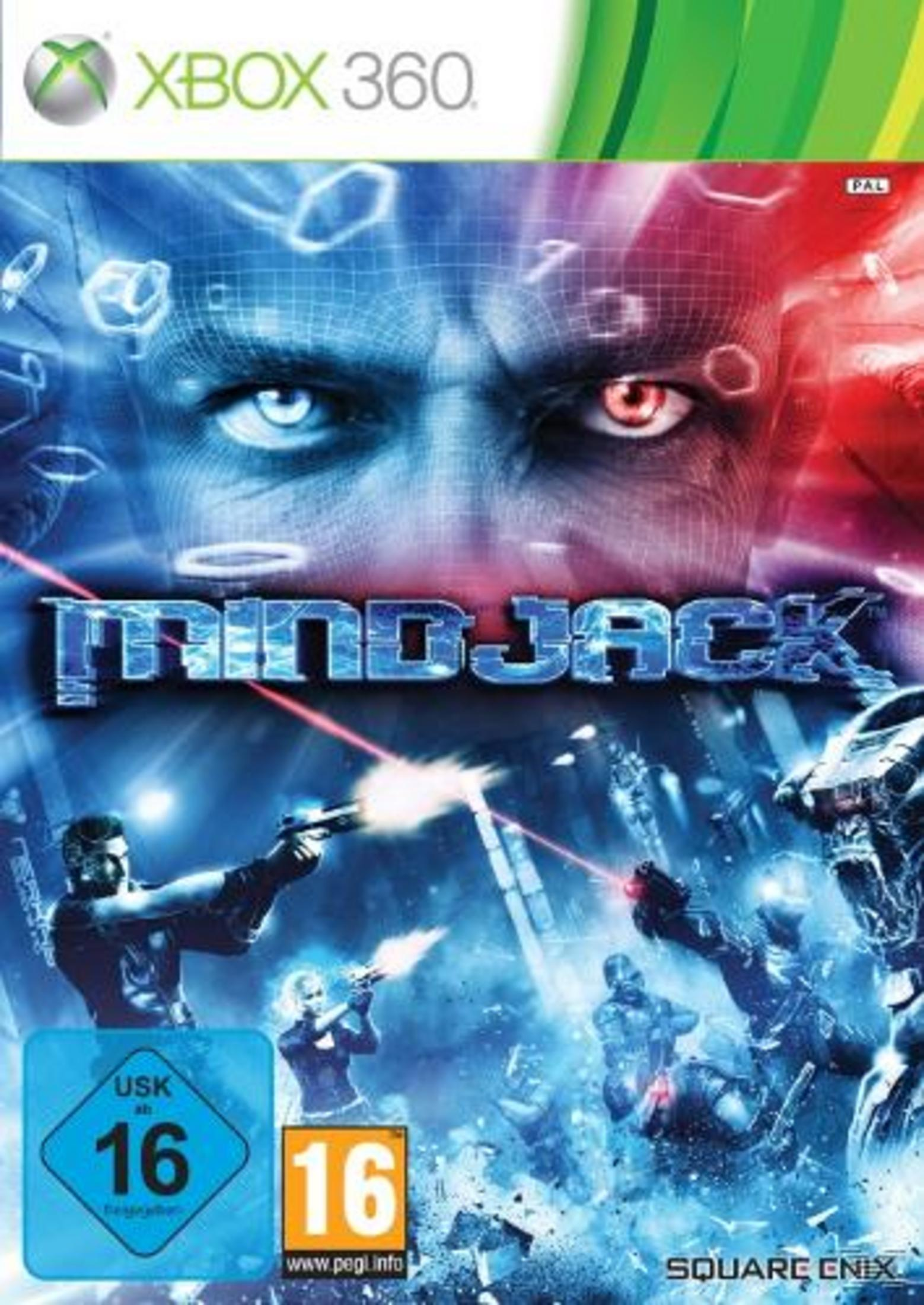 Xbox 360 Spielcover: Nahaufnahme eines Mannes mit blauem und rotem Auge, kämpfende Figuren.