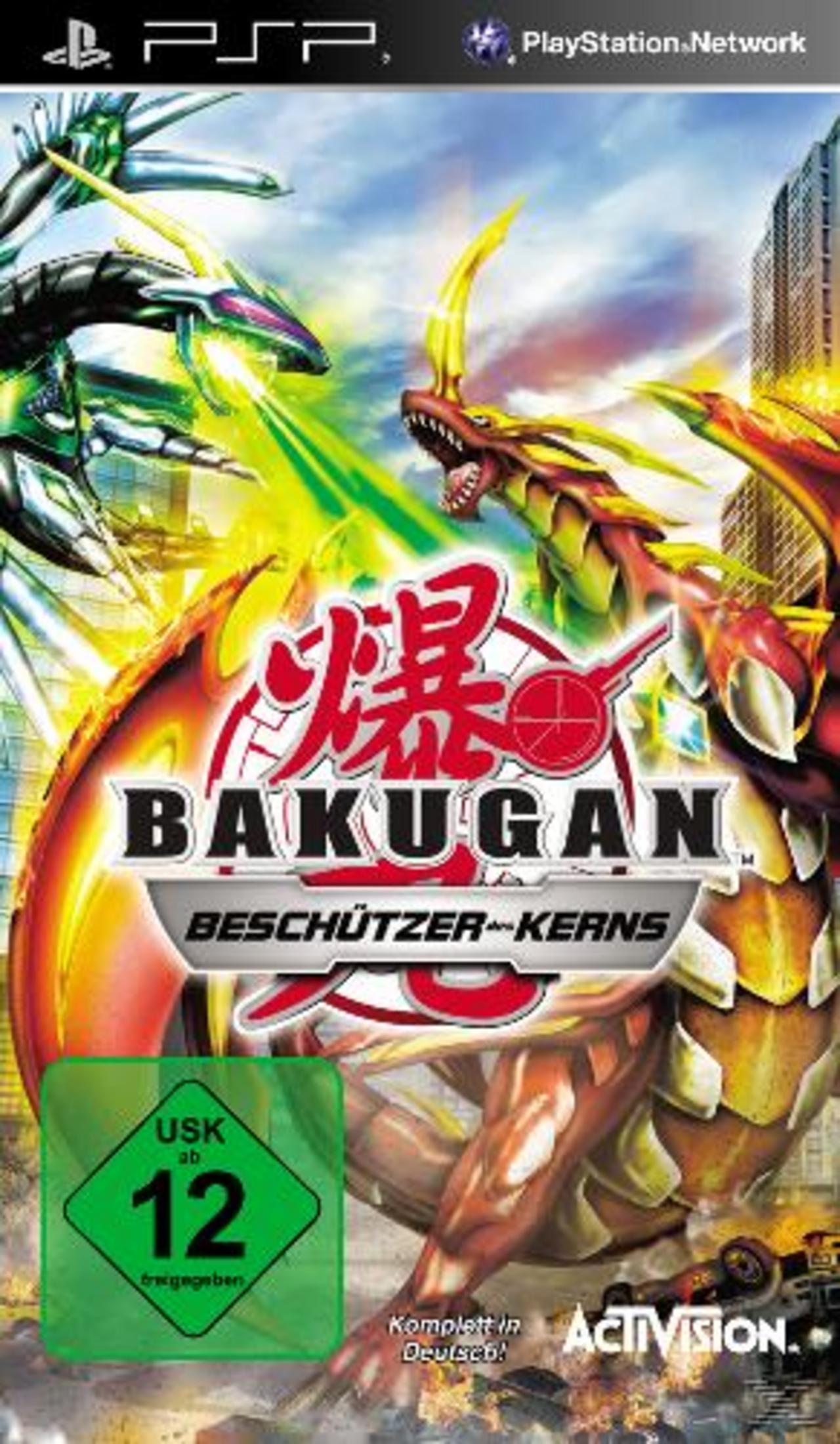 Bakugan Spielcover mit zwei Drachen, PSP Logo und USK 12 Siegel.