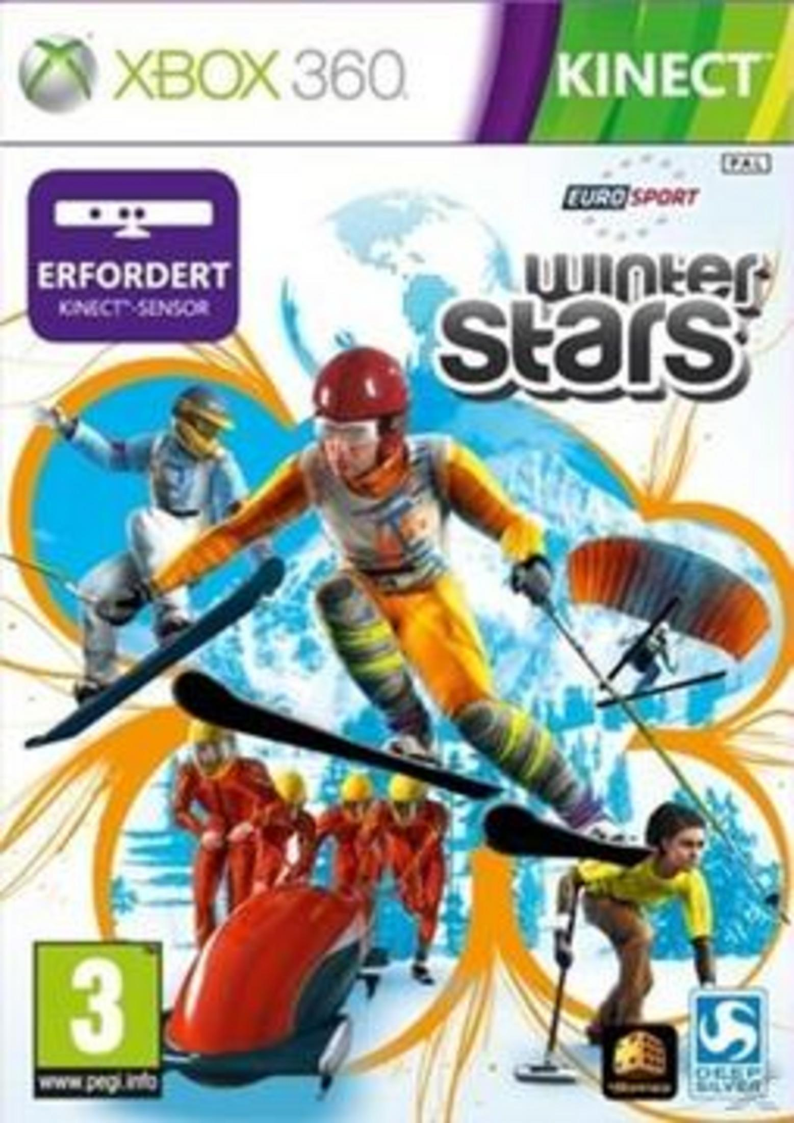 Xbox 360 Winter Stars Cover mit Wintersportlern, Bobsleigh und Schneelandschaft.