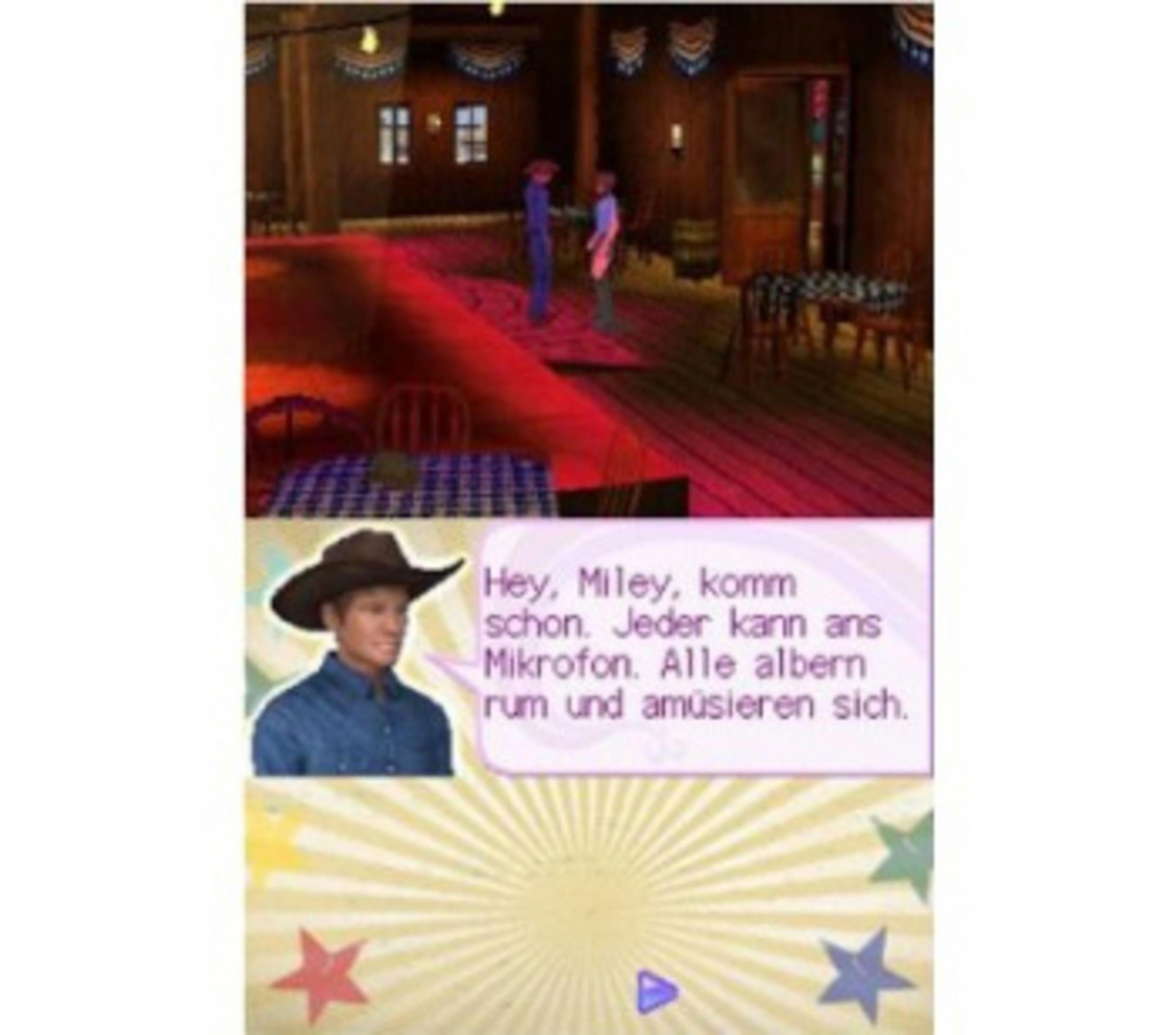 Ein Mann in Cowboykleidung spricht mit einem anderen. Innenraum im Wild-West-Stil.