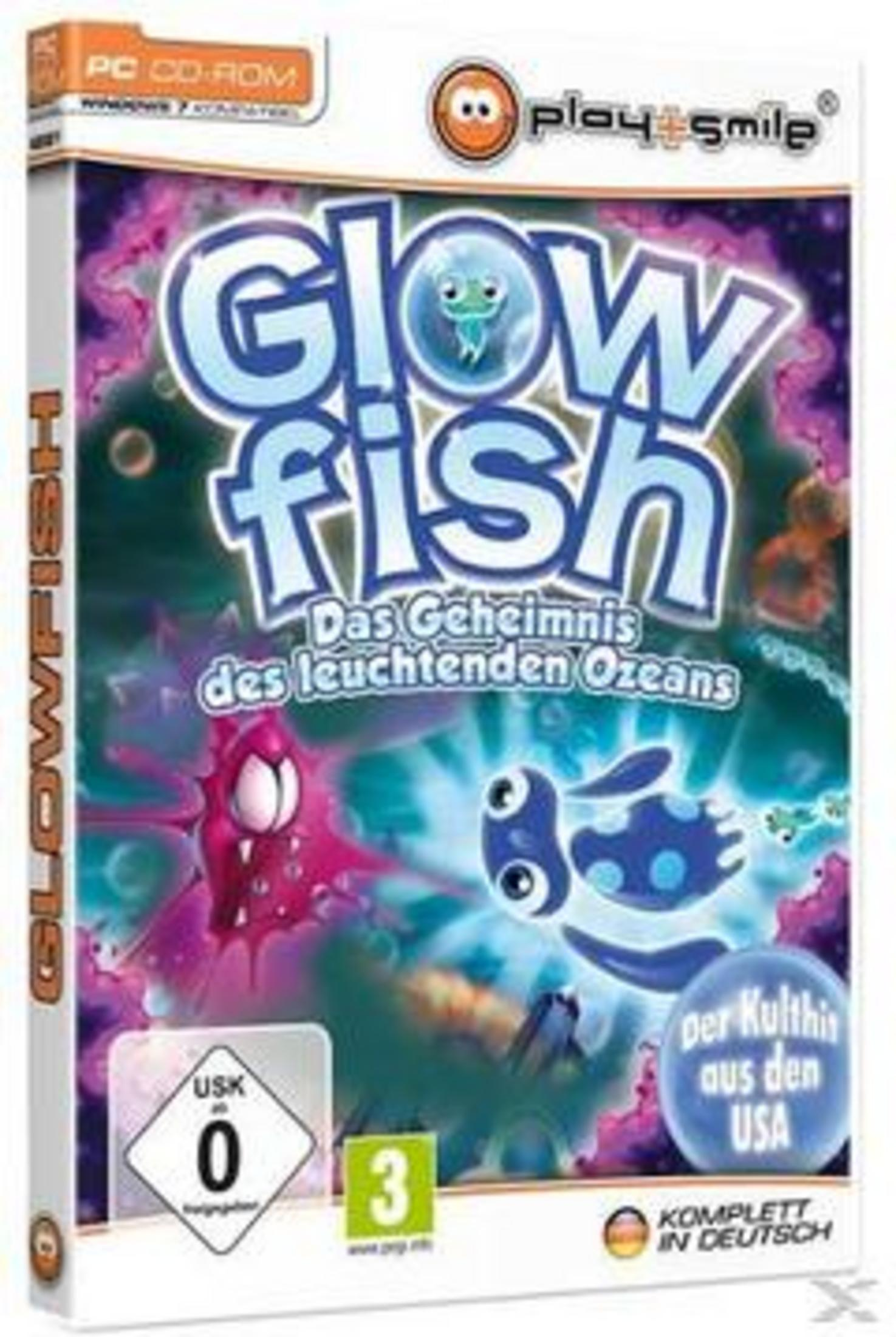 PC CD-ROM Spielbox 'Glowfish' mit Unterwassertieren und dem Schriftzug 'Das Geheimnis des leuchtenden Ozeans'.