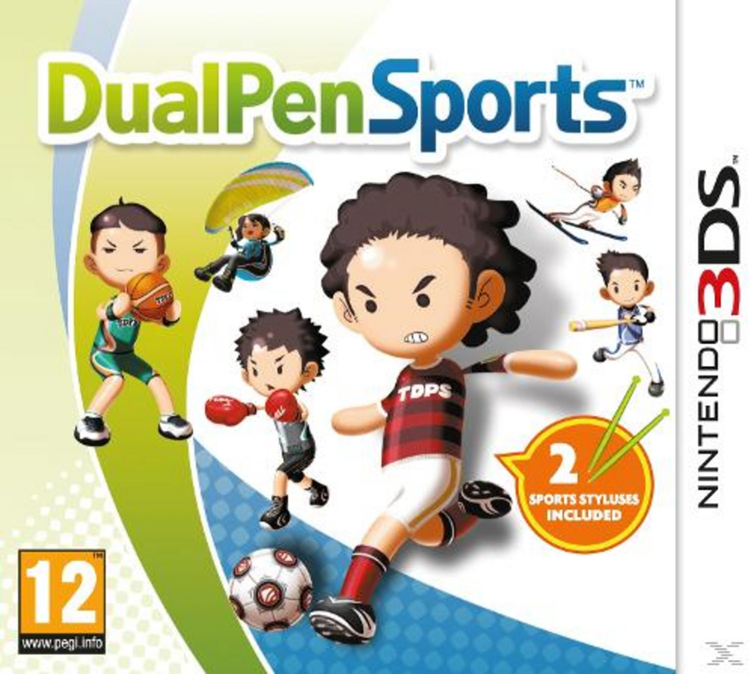 Spielcover mit Cartoon-Sportlern: Basketball, Boxen, Skifahren, Baseball. Nintendo 3DS.