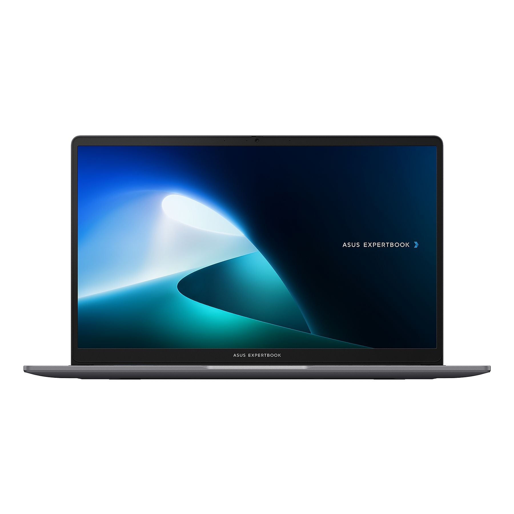 Un laptop grigio chiuso che visualizza uno sfondo astratto blu e turchese.