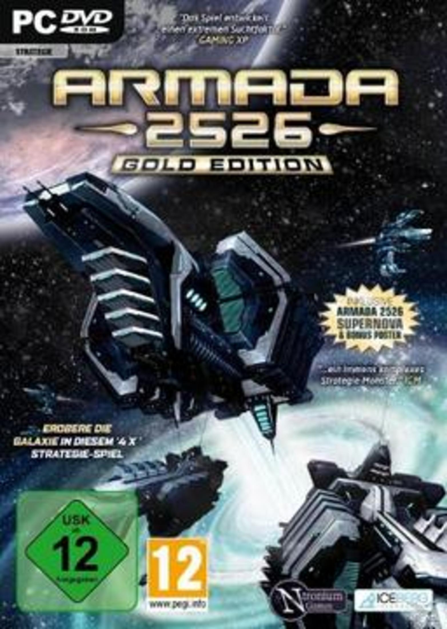 Das Cover zeigt das Spiel 'Armada 2526 Gold Edition' mit Raumschiffen im Weltraum.