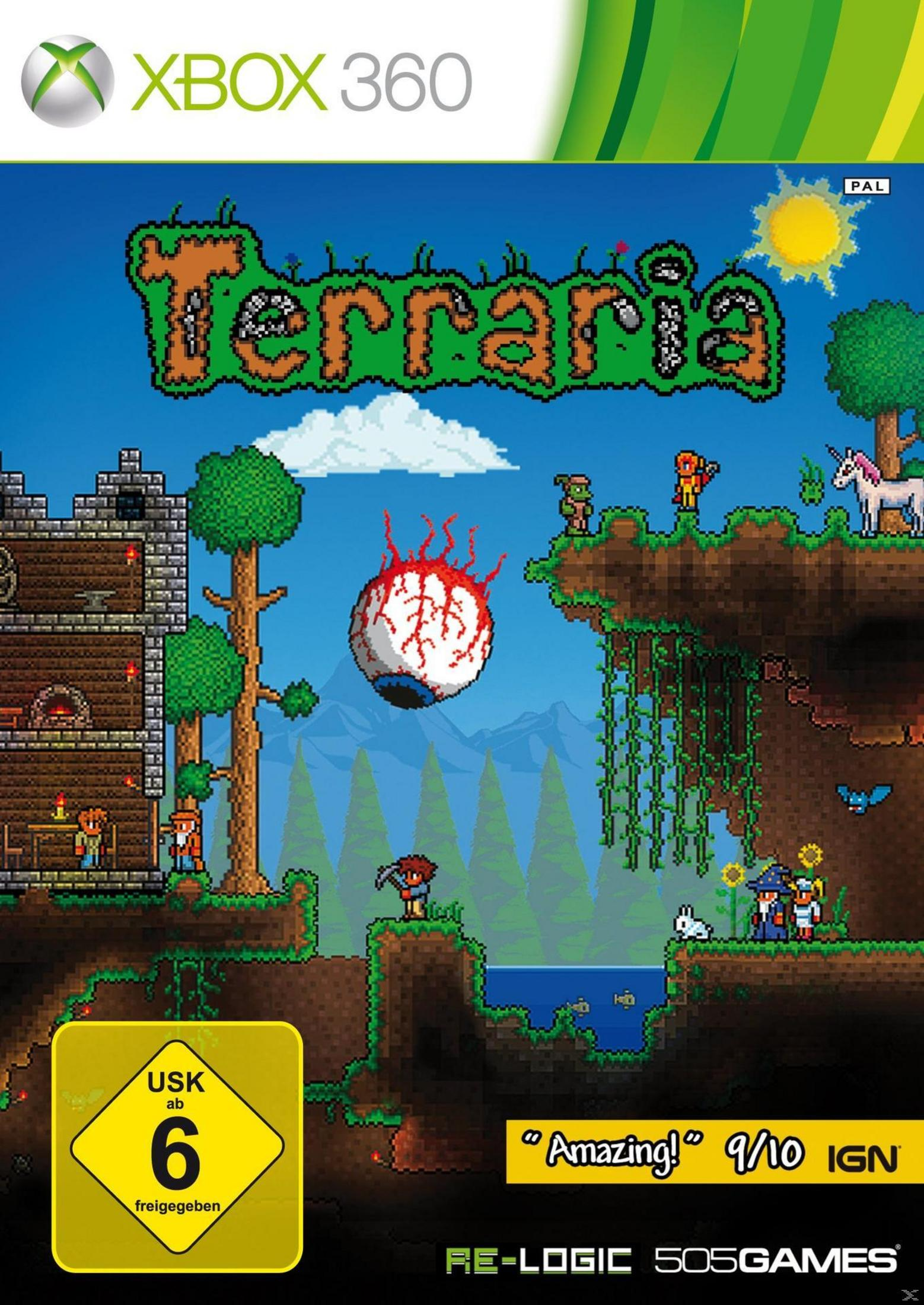 Pixelgrafik-Spielcover von Terraria für Xbox 360 mit Charakteren, einem Haus, einem riesigen Auge und einer Einhorn.