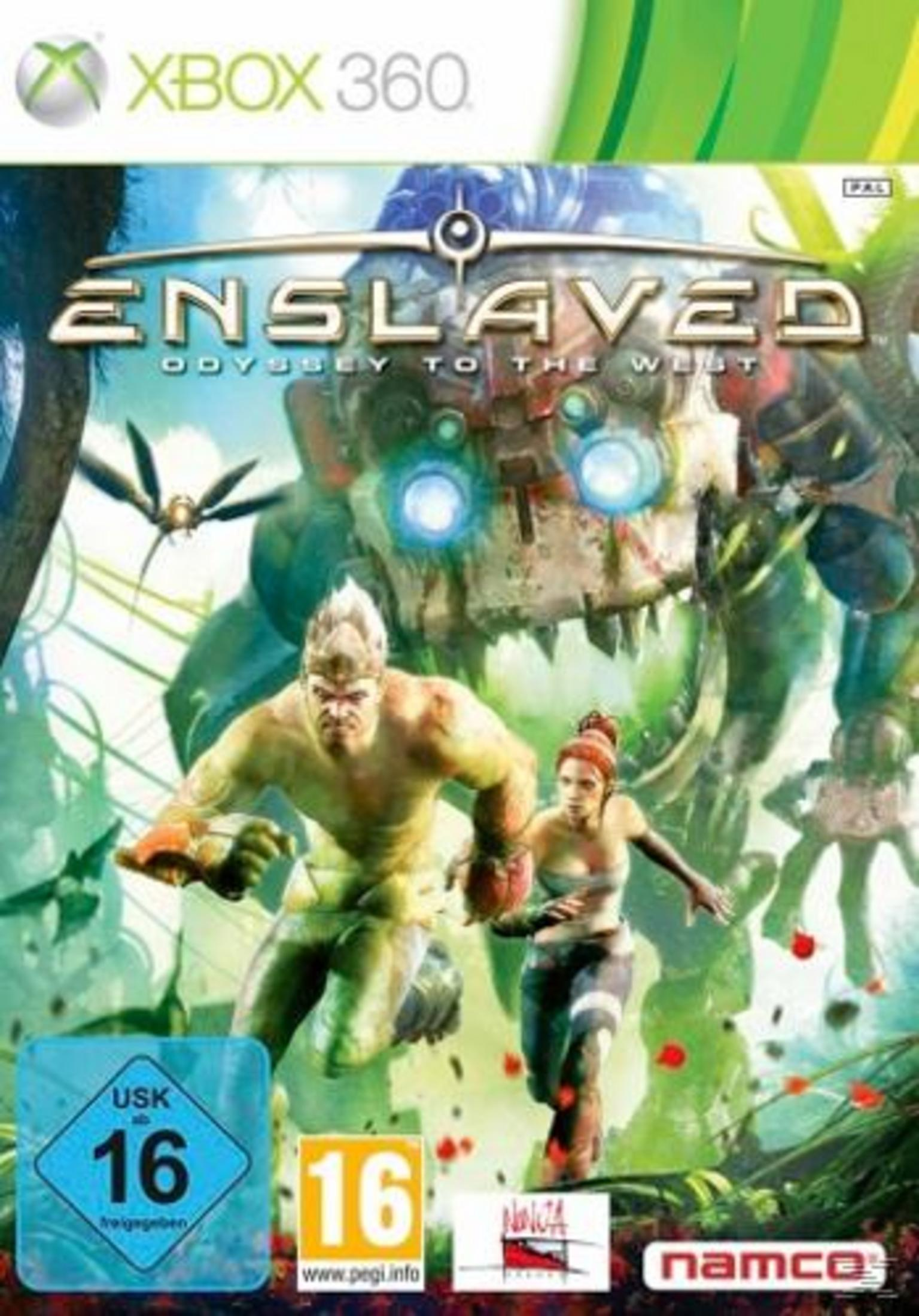 Ein Mann und eine Frau rennen vor einem riesigen Roboter. Xbox 360 Spielcover.