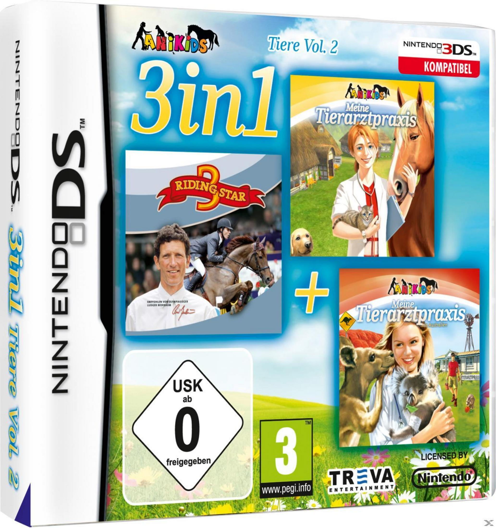 Nintendo 3DS Spielverpackung '3in1 Tiere Vol. 2' mit USK 0 Freigabe.