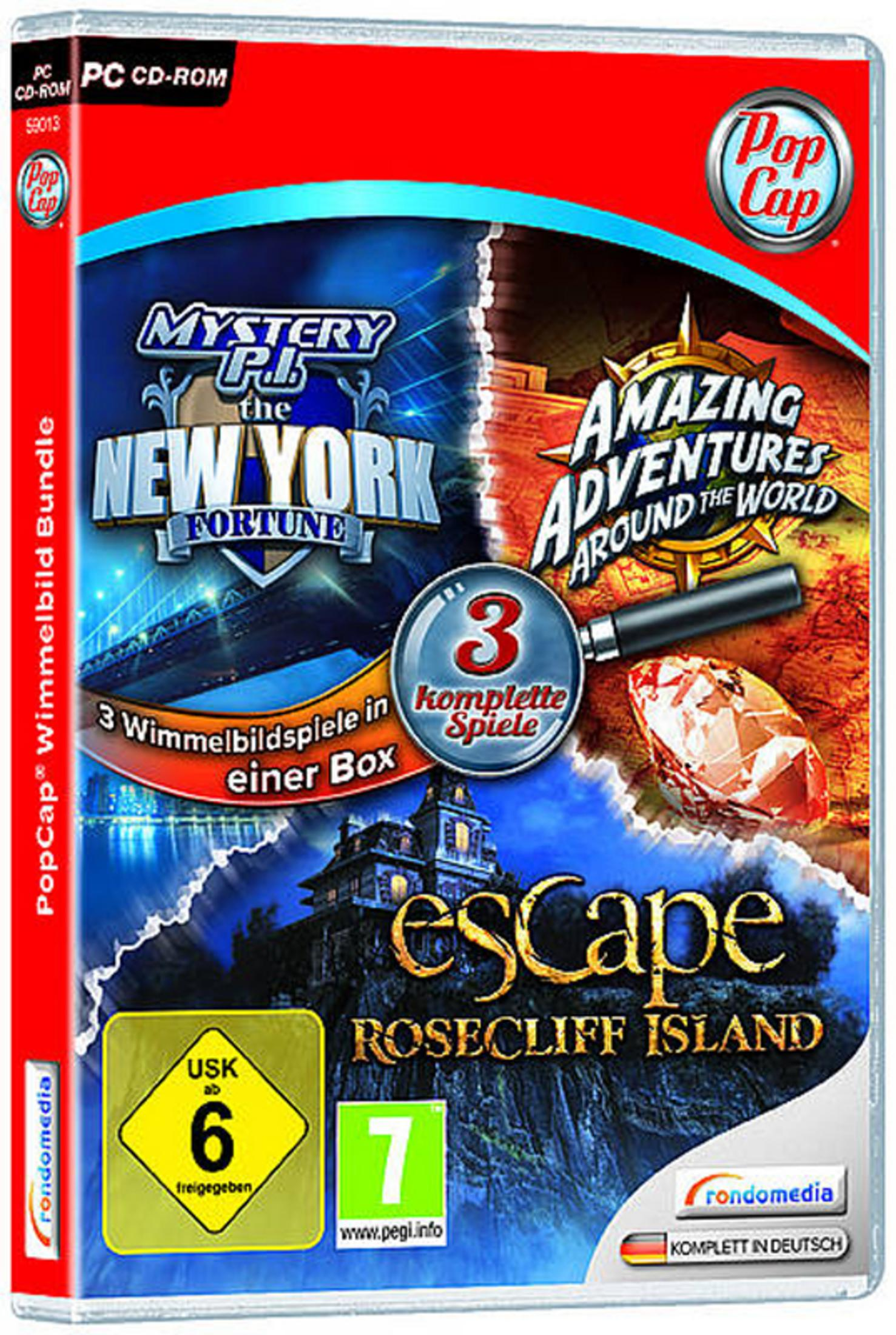 PC CD-ROM Hülle mit Spielen: Mystery P.I. New York, Amazing Adventures, Escape Rosecliff Island.