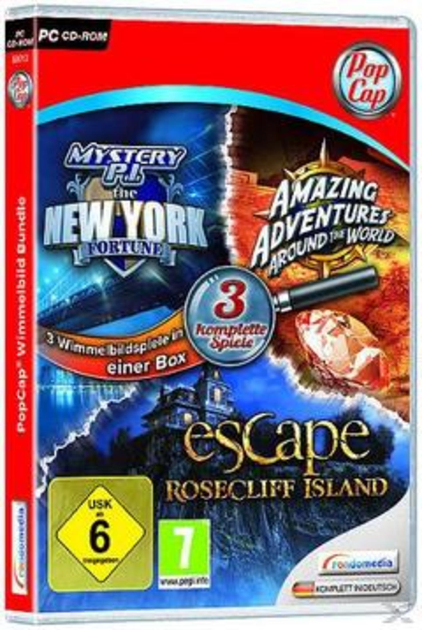 PC CD-ROM-Spielebox für Mystery P.I., Amazing Adventures und Escape Rosecliff Island.