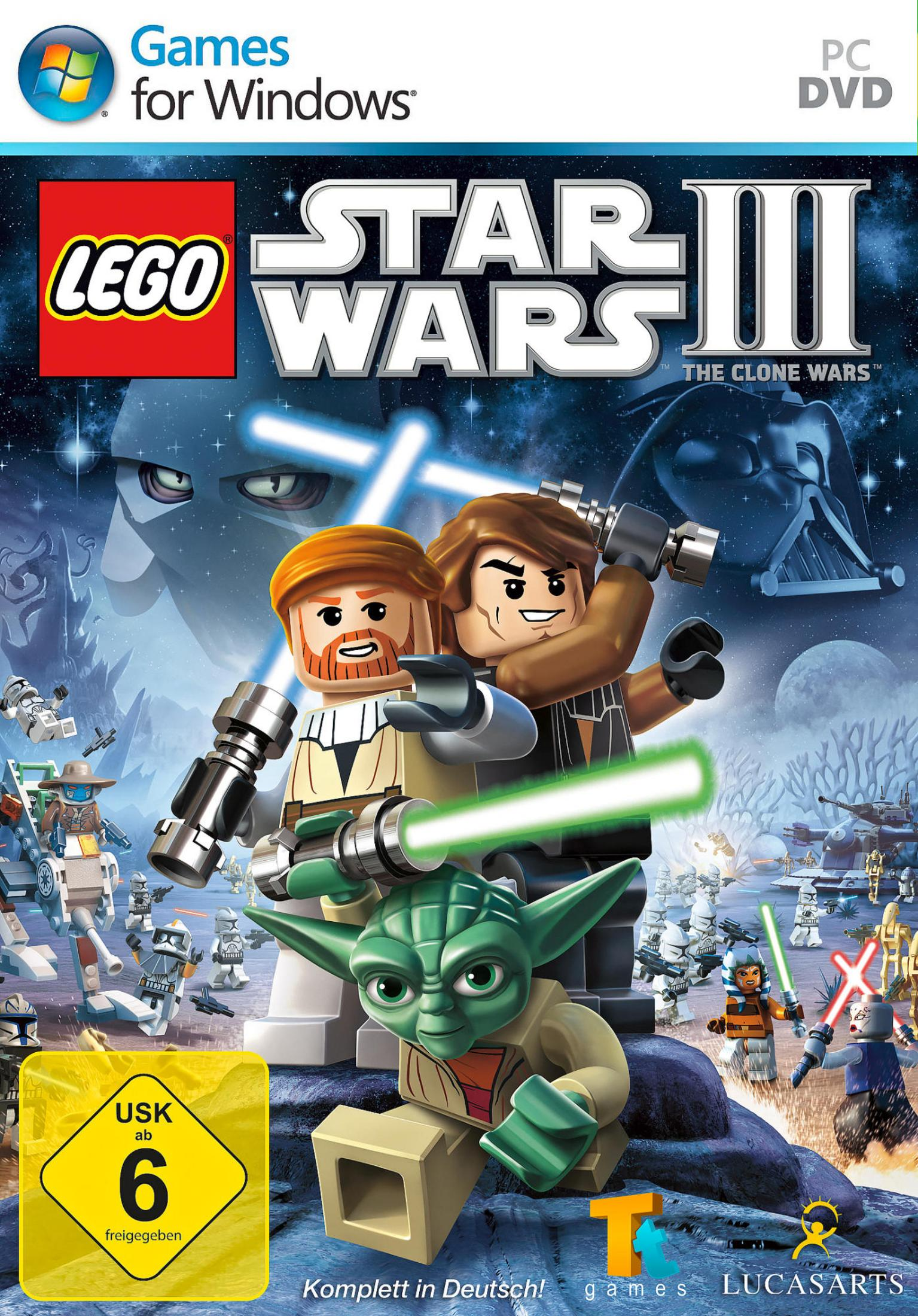 Lego Star Wars III: The Clone Wars Cover mit Yoda, Anakin, Obi-Wan, Darth Vader & Klonkriegern.