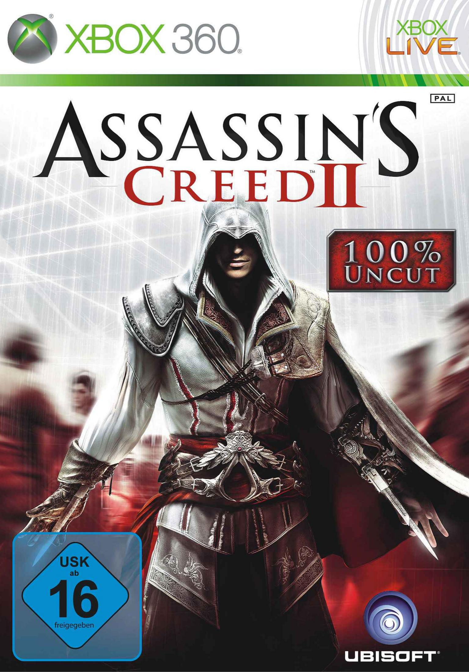 Das Cover von Assassins Creed II für Xbox 360. Eine Figur in Assassinenkleidung.