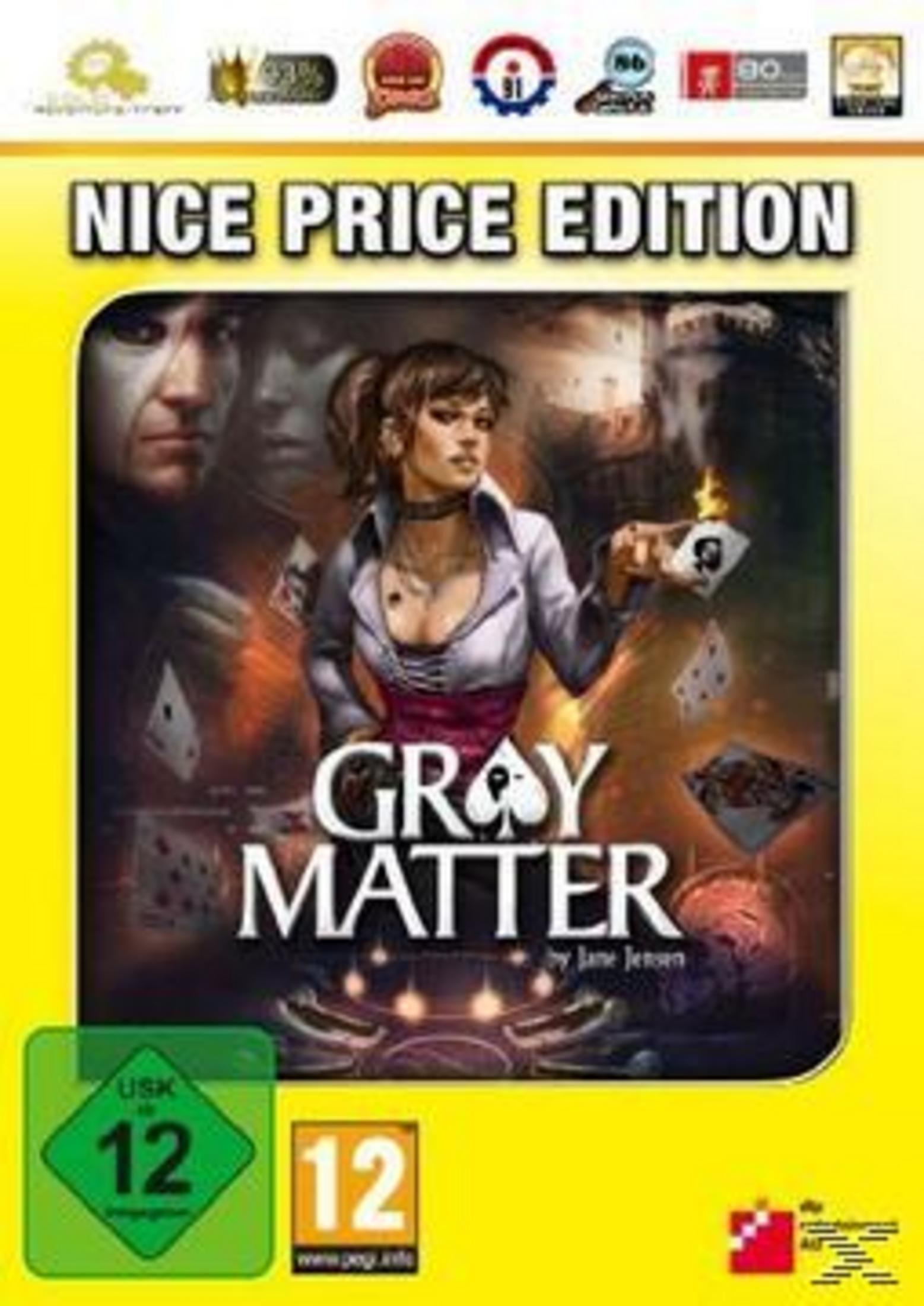 Gray Matter Videospielcover. Zeigt eine Frau mit brennender Karte, Männer dahinter. Altersfreigabe 12.