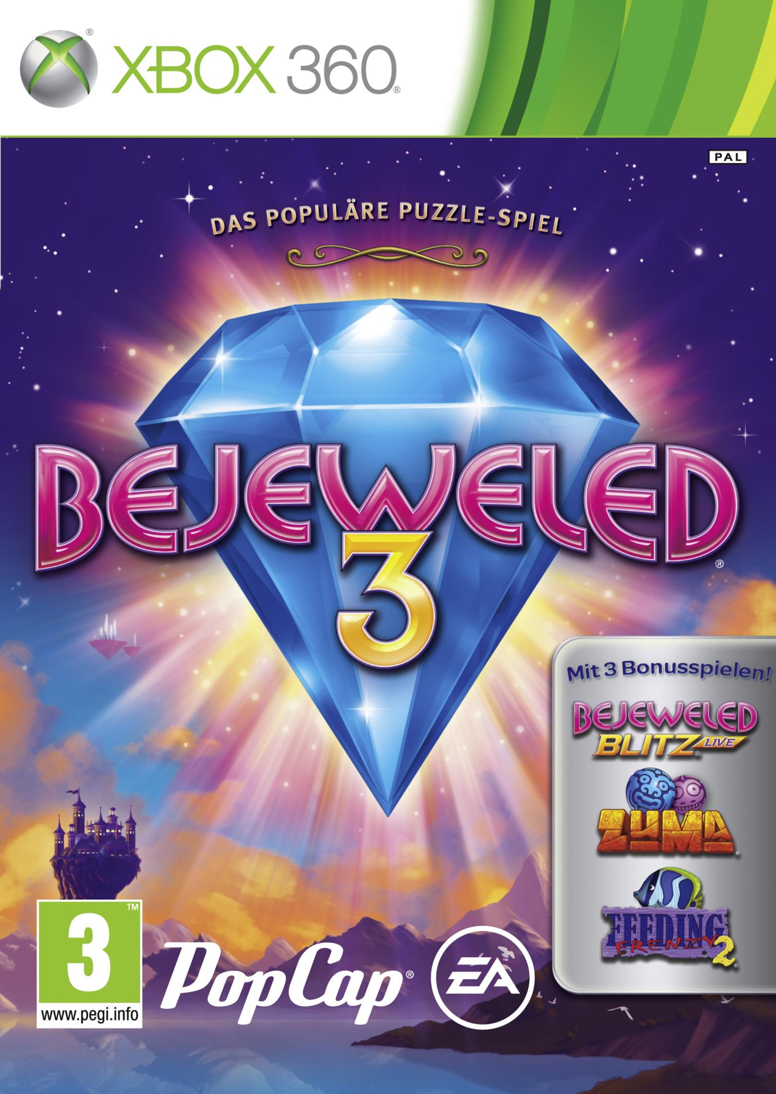Das Cover von Bejeweled 3 für Xbox 360 zeigt einen großen blauen Edelstein.