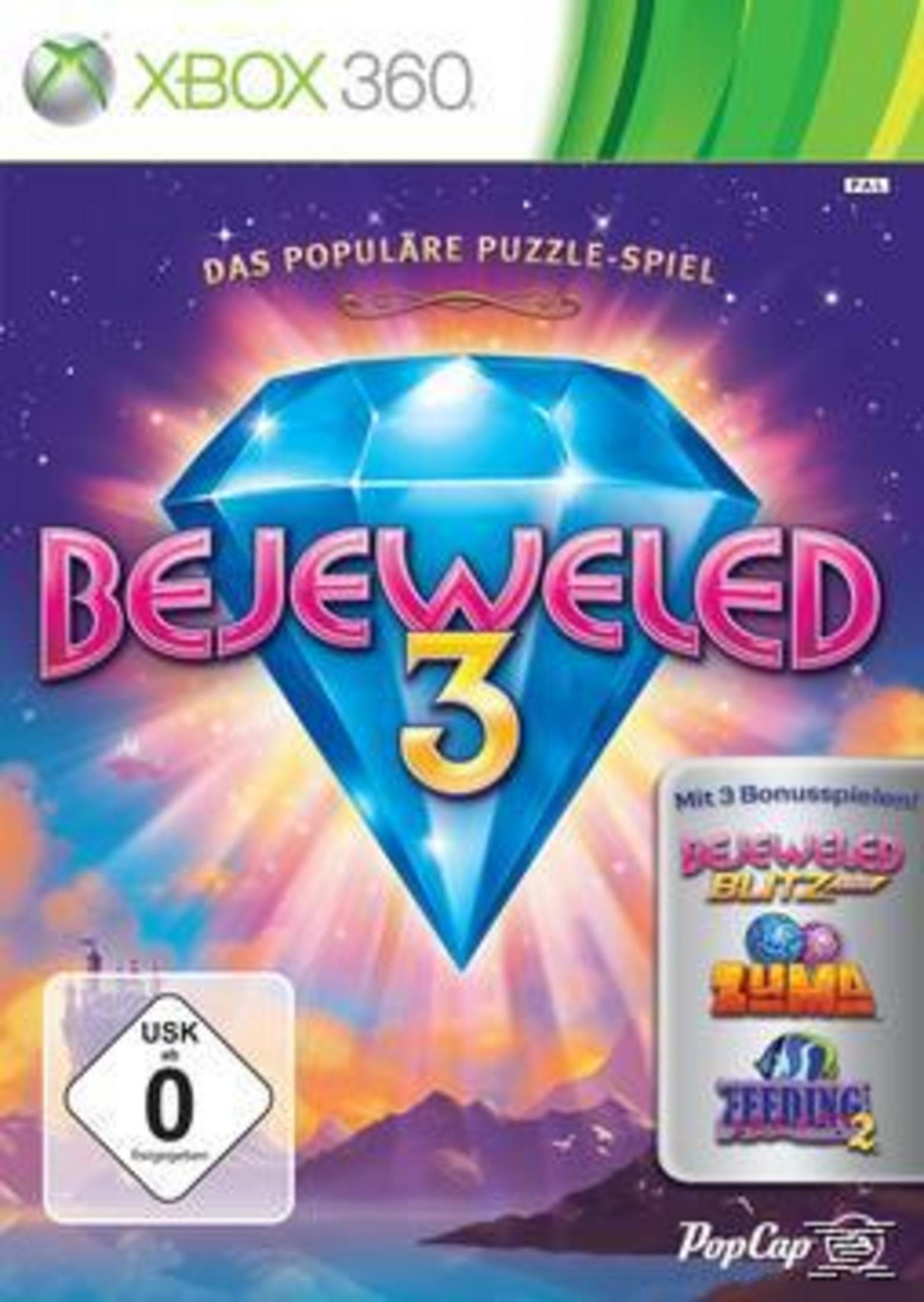 Xbox 360 Spiel "Bejeweled 3" mit Edelstein-Motiv und USK 0 Siegel.