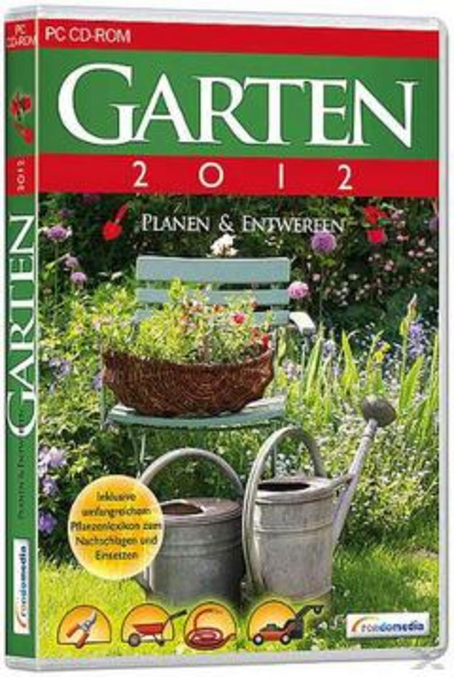 CD-ROM-Hülle mit Gartenmotiv, mit zwei Gießkannen und Gartengeräten.