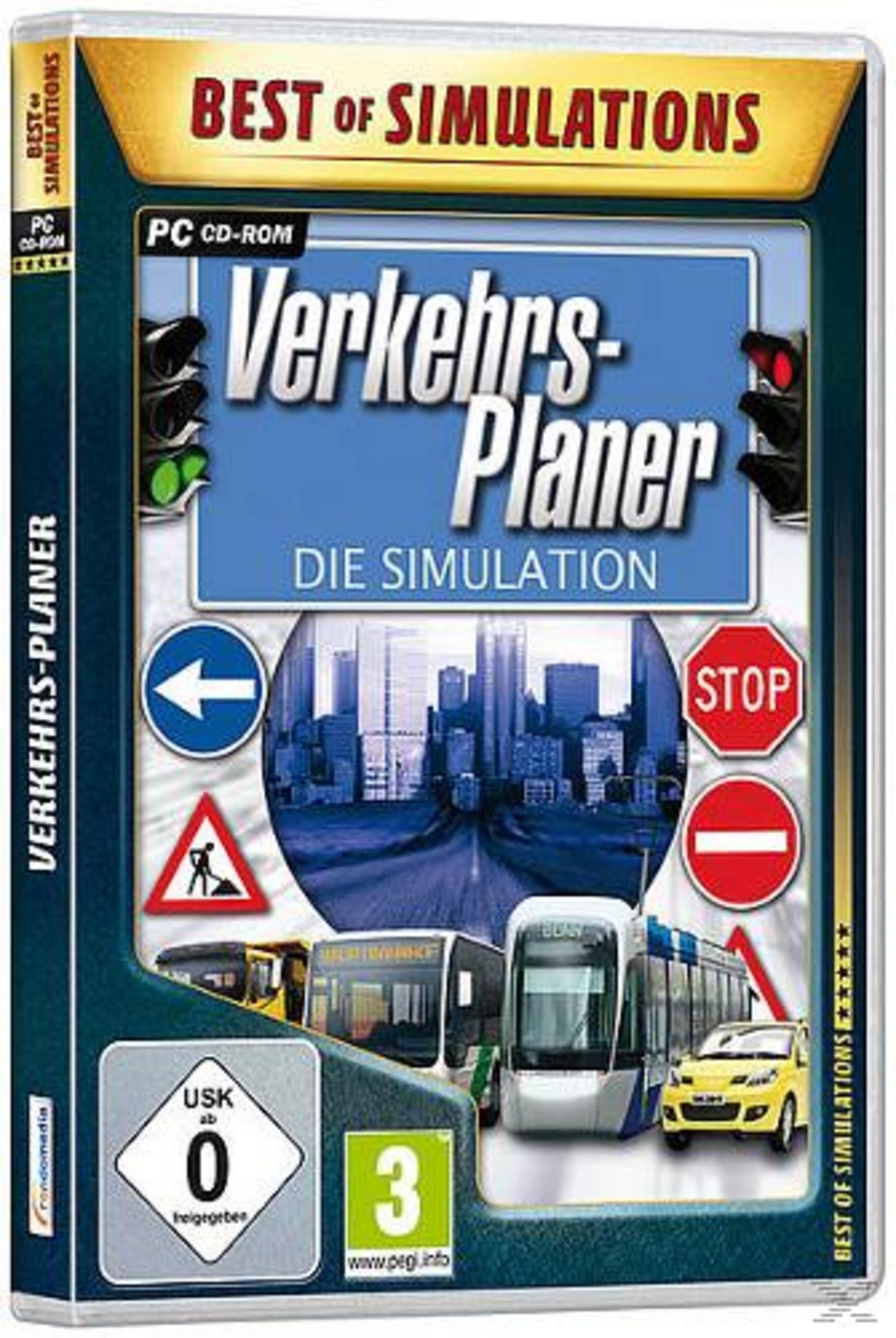Das Cover des PC-Spiels 'Verkehrs-Planer Die Simulation' zeigt Verkehrsmittel und Schilder.