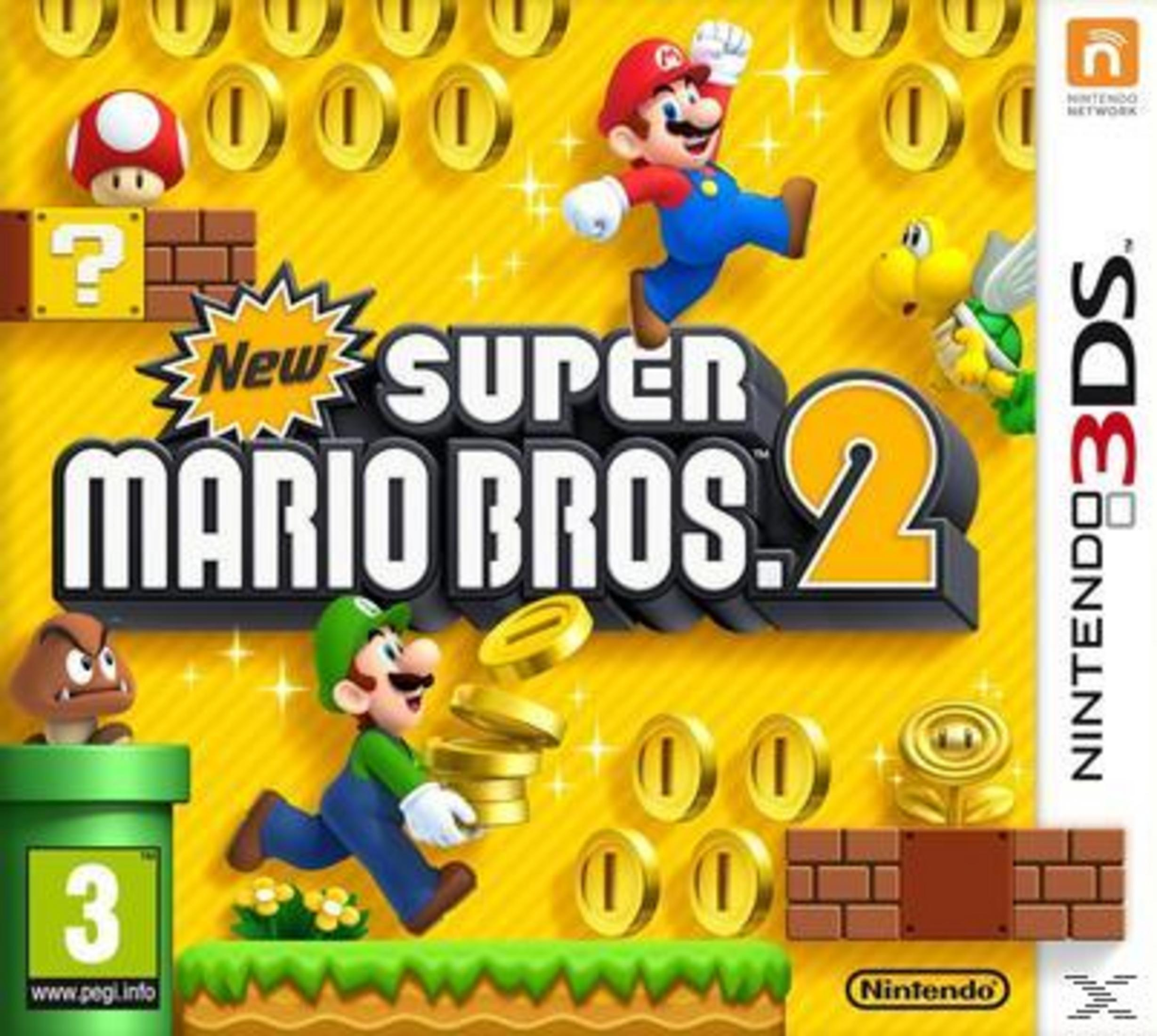 Super Mario Bros. 2 Cover mit Mario, Luigi, Pilz, Koopa & Münzen auf gelbem Hintergrund.