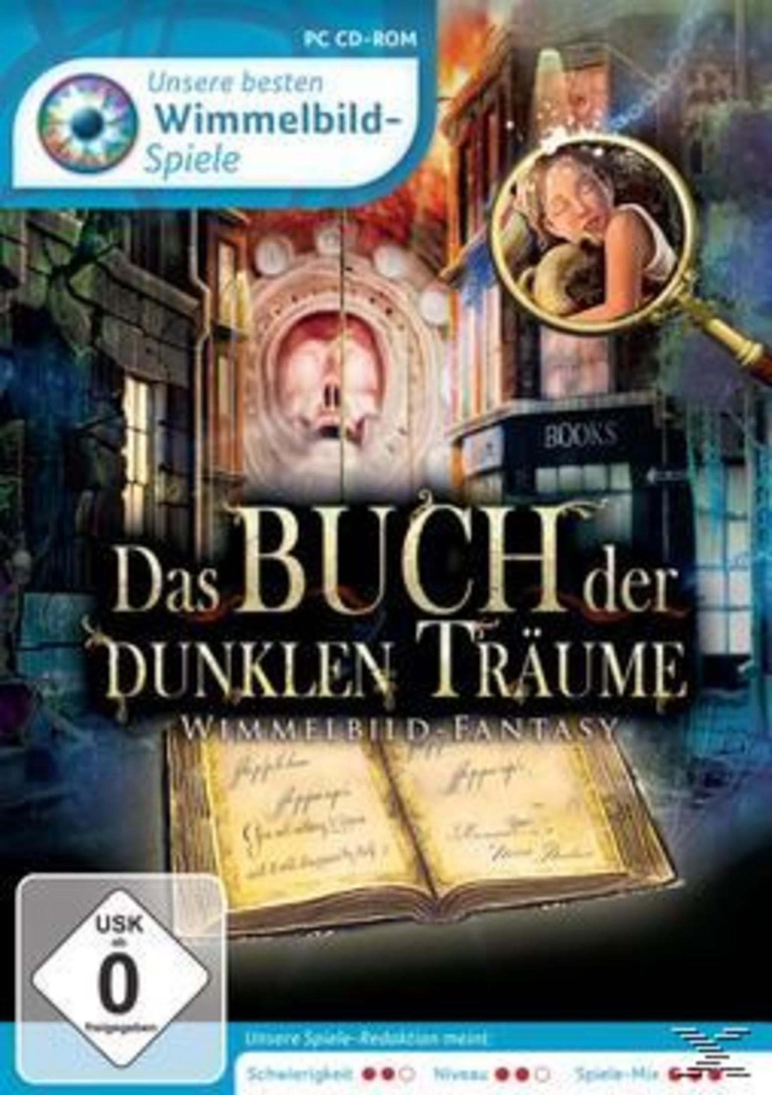 Cover eines Wimmelbild-Spiels mit Buch, Lupe und schlafendem Mädchen.