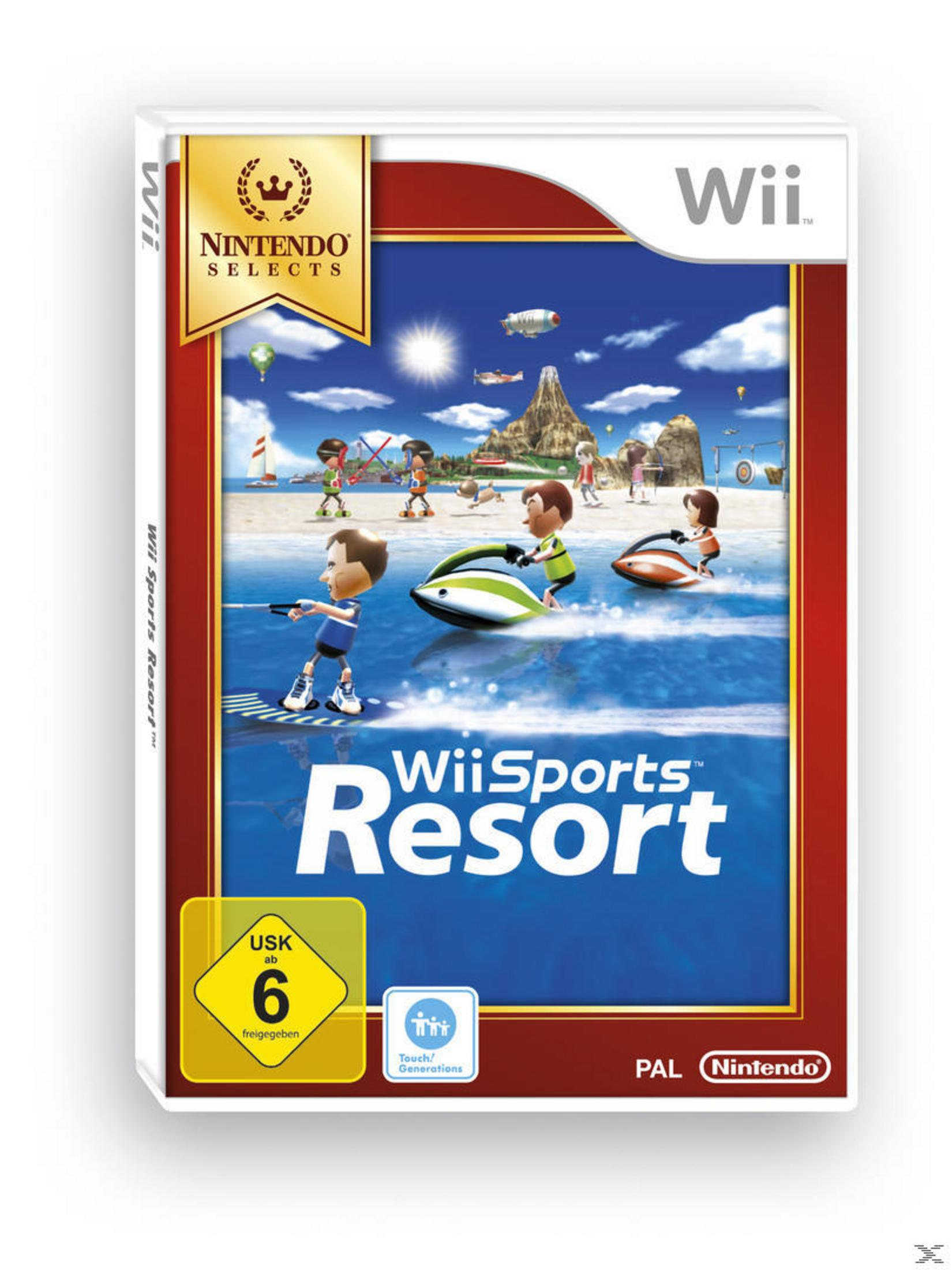 Wii Sports Resort Spielhülle mit Wassersport-Szene und Nintendo Selects-Logo.