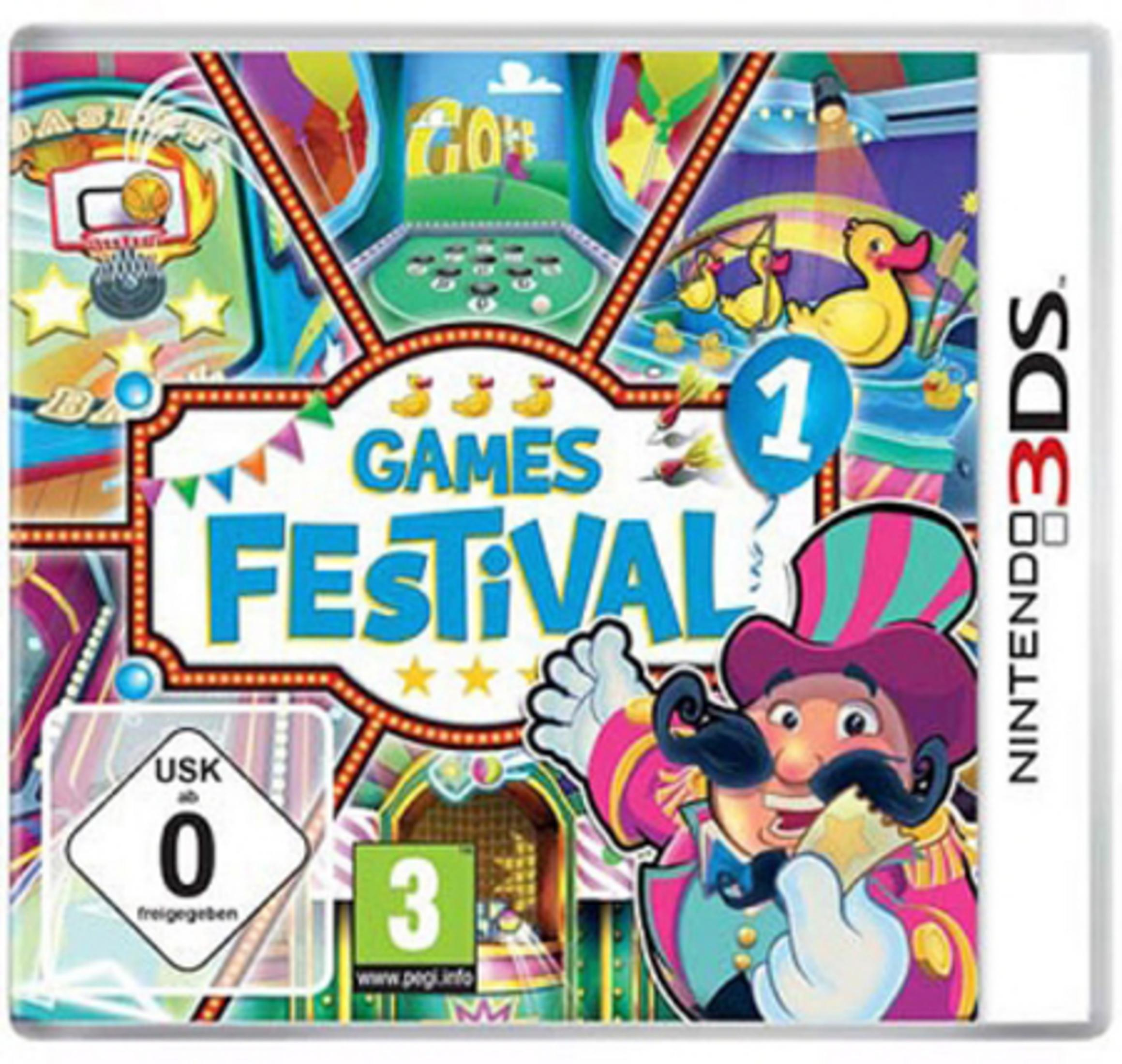 Spielefest-Cover mit Zirkusdirektor, Spielen und dem Nintendo 3DS-Logo.