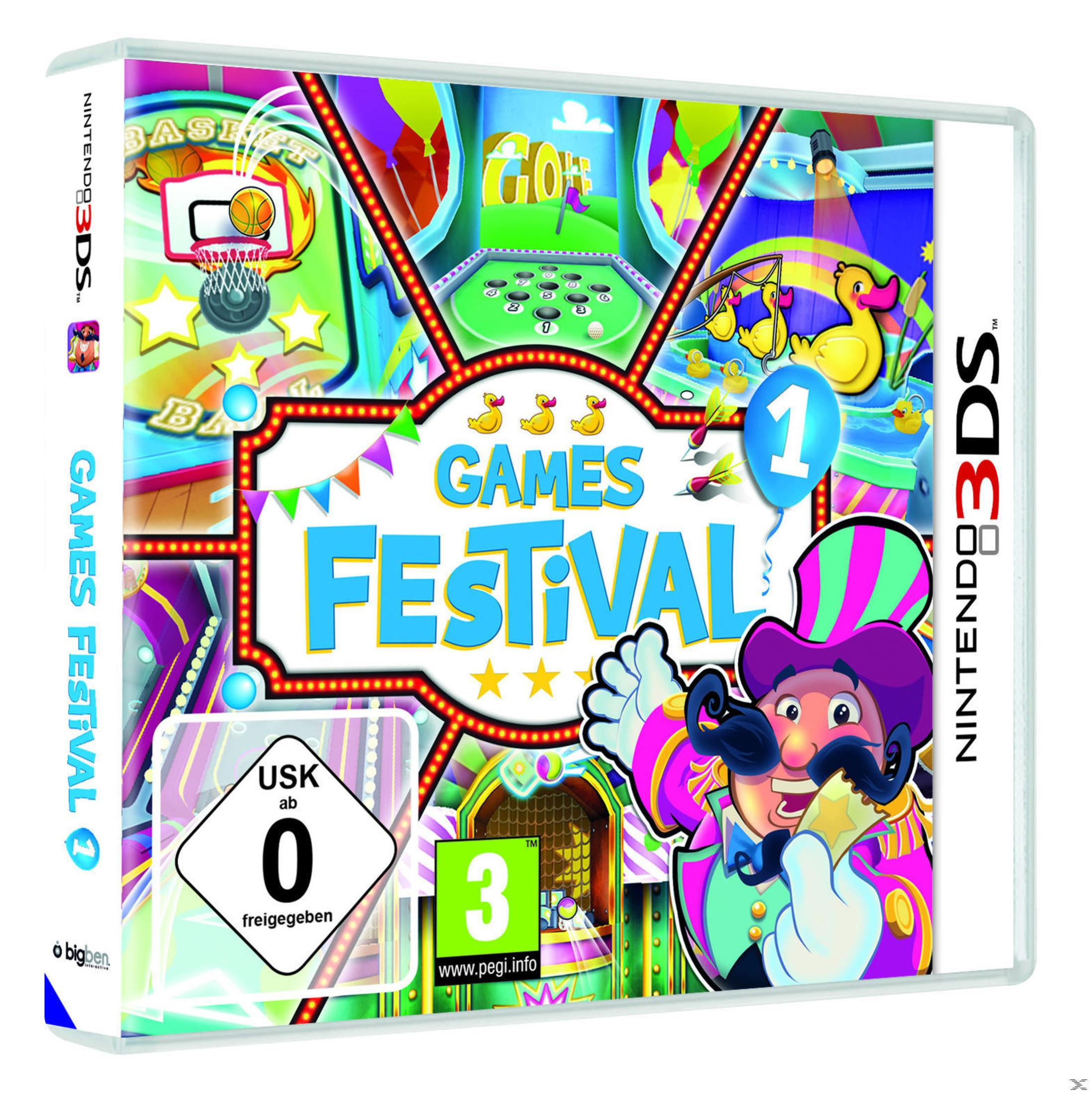 Nintendo 3DS Spiel "Games Festival" mit Zirkus-Thema, Basketball, Golf und Enten. USK 0.