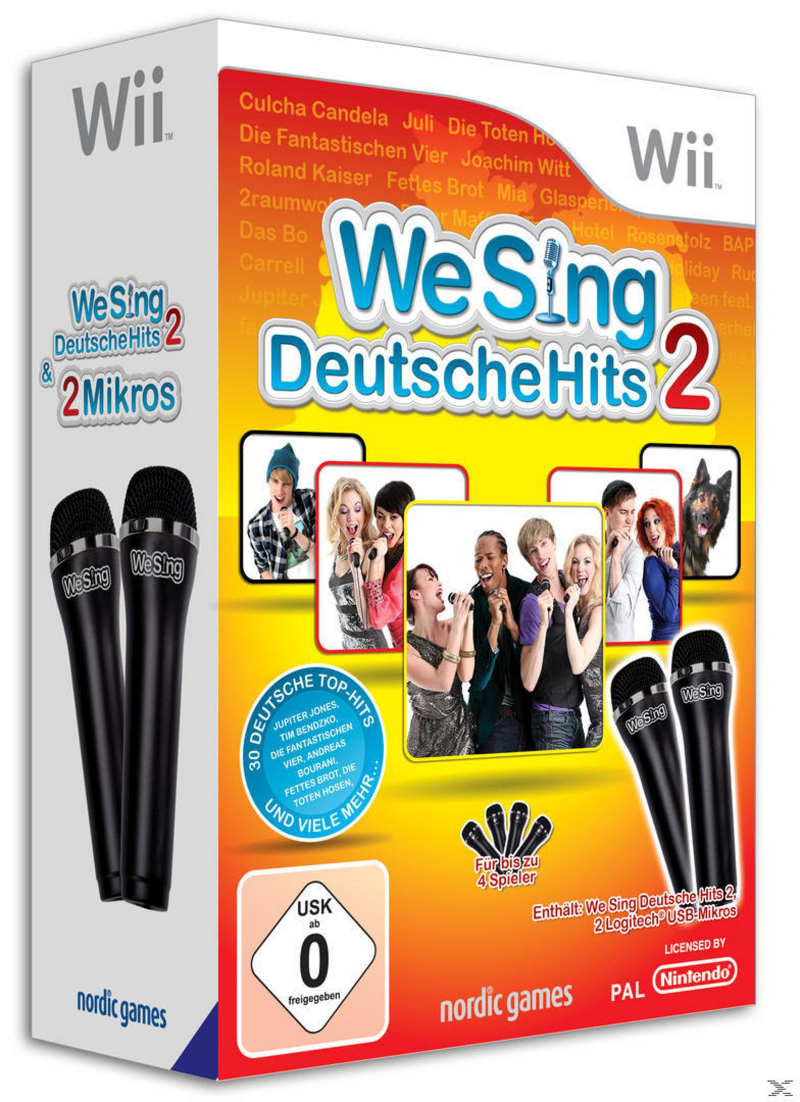 Wii Spielverpackung für 'We Sing Deutsche Hits 2' mit Mikrofonen und Künstlern.