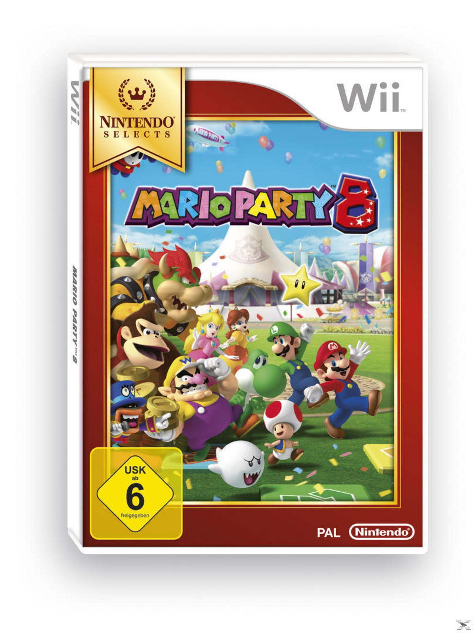 Mario Party 8 Wii-Spielbox mit Charakteren wie Mario, Luigi, Peach, Donkey Kong und Bowser.