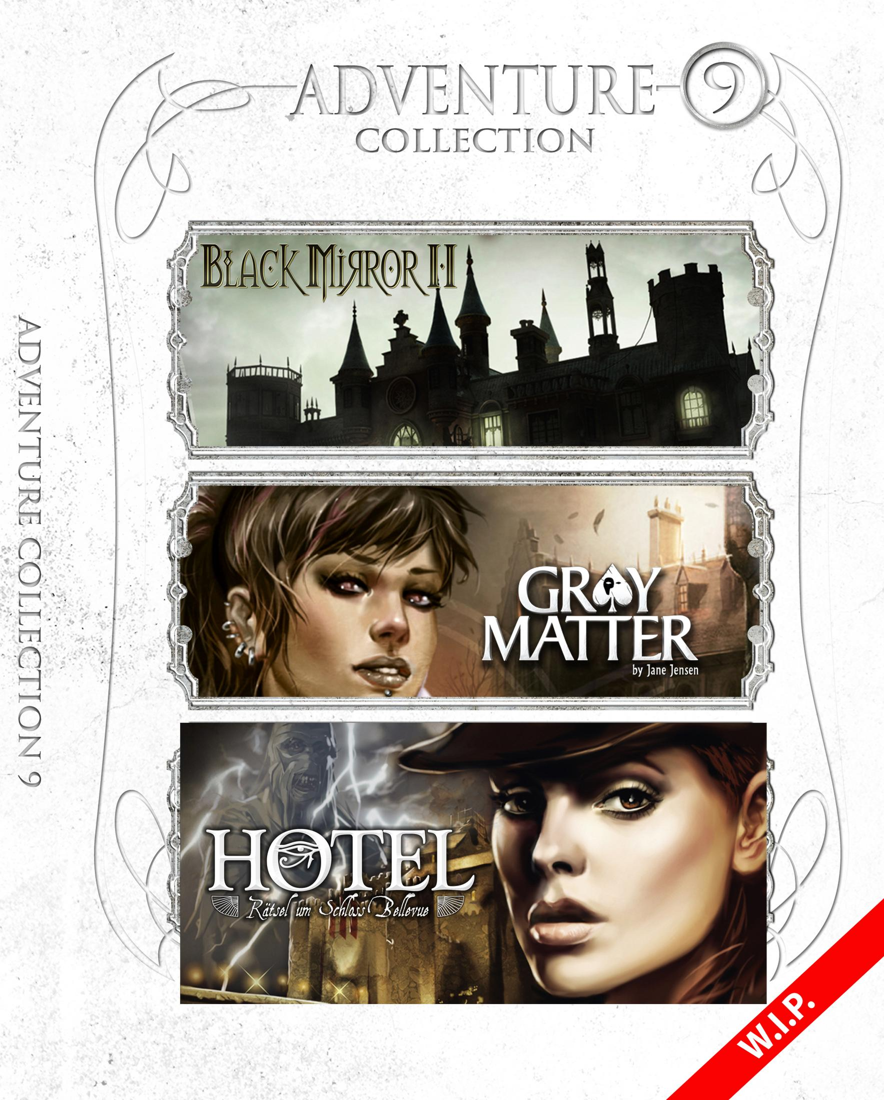 Cover von Adventure Collection 9 mit drei Spielen: Black Mirror II, Gray Matter und Hotel.