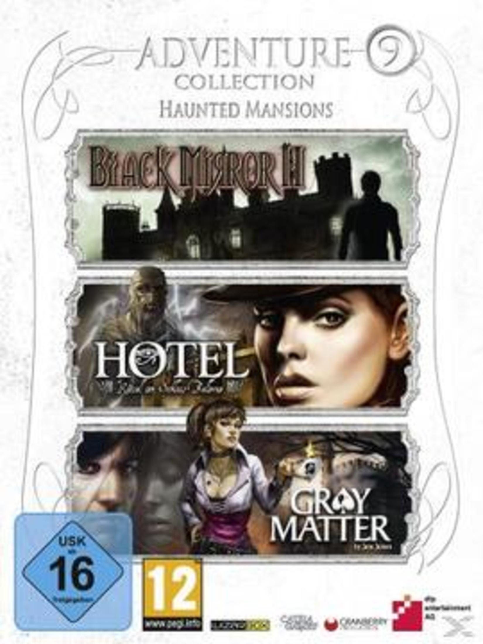 Adventure Collection: Haunted Mansions Box-Art mit 3 Spielcovern: Black Mirror III, Hotel, Gray Matter. Altersfreigaben.