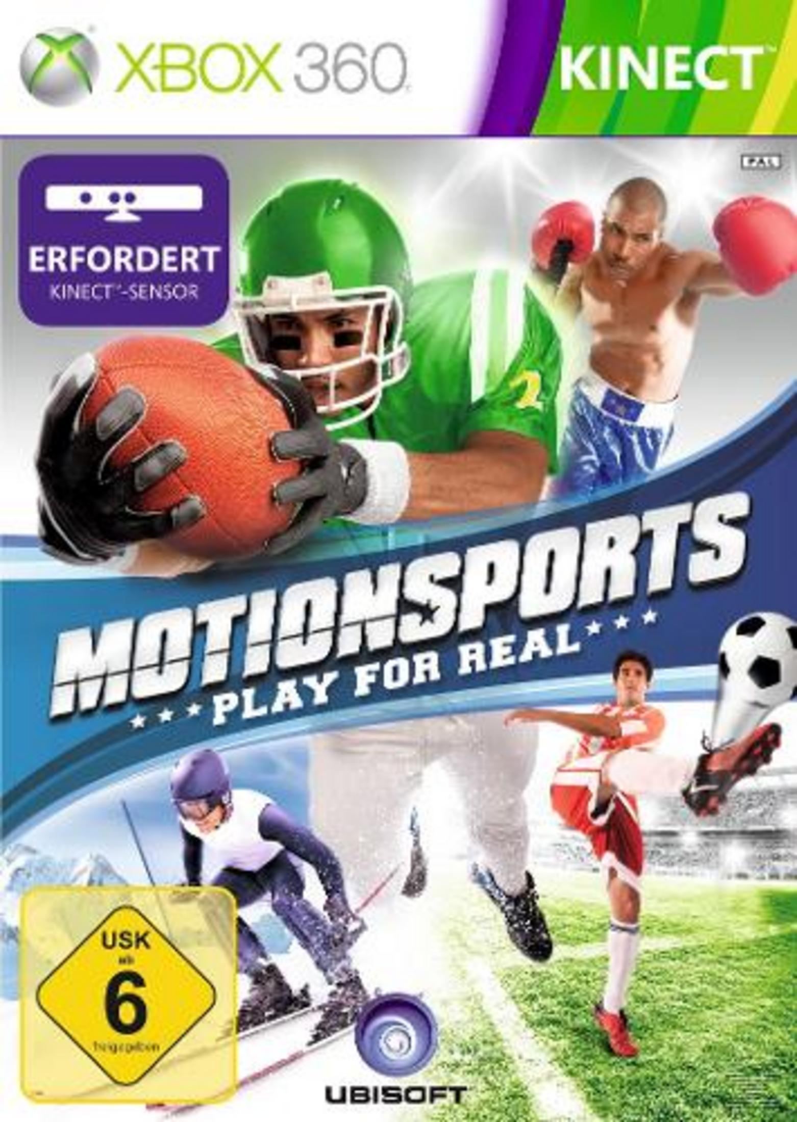 Xbox 360 Motion Sports Cover mit Sportlern in Aktion: Football, Boxen, Skifahren und Fußball.
