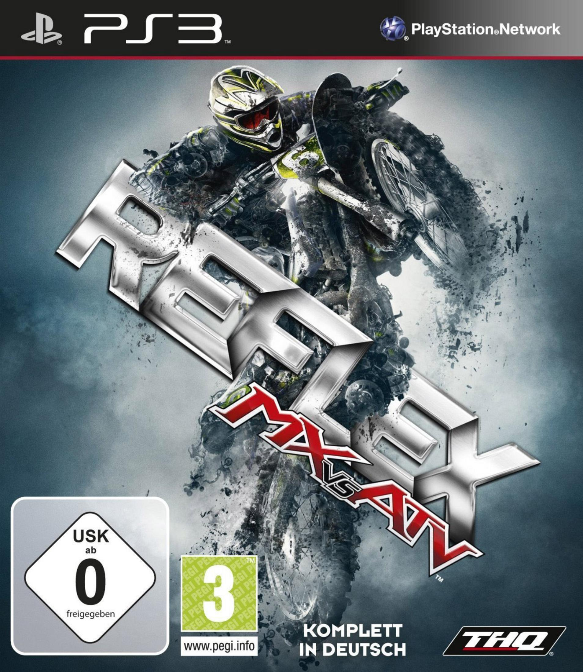 Pilota di motocross in azione con il titolo del gioco MX vs. ATV Reflex e classificazione USK 0.