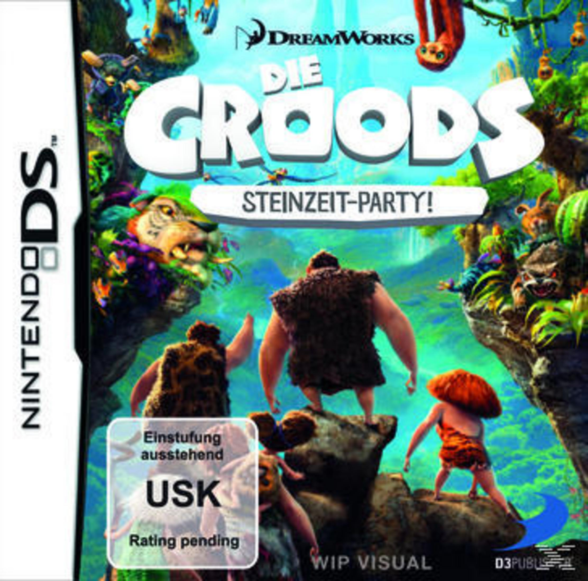 Nintendo DS Hülle für 'Die Croods', mit Charakteren und Dschungel-Hintergrund.