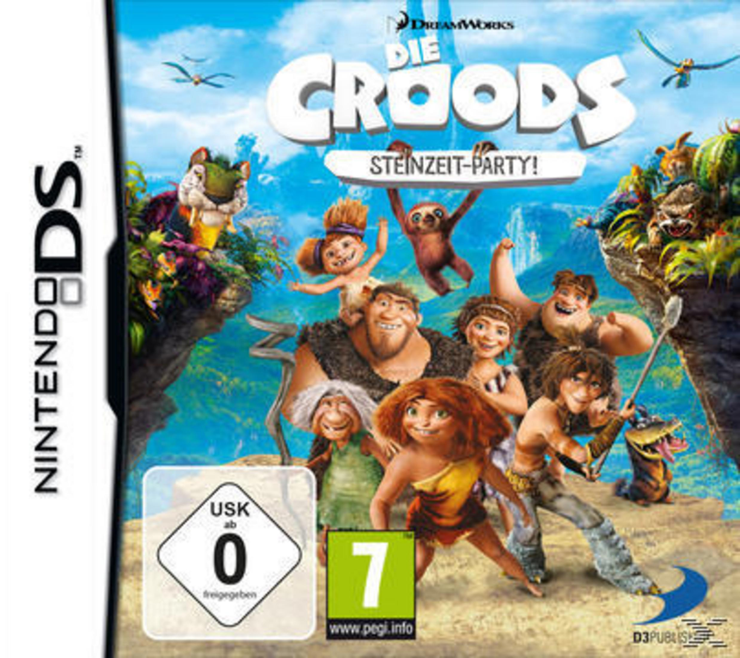 Die Croods Familie auf dem Cover des Nintendo DS Spiels, mit Alterseinstufung 0 und 7.
