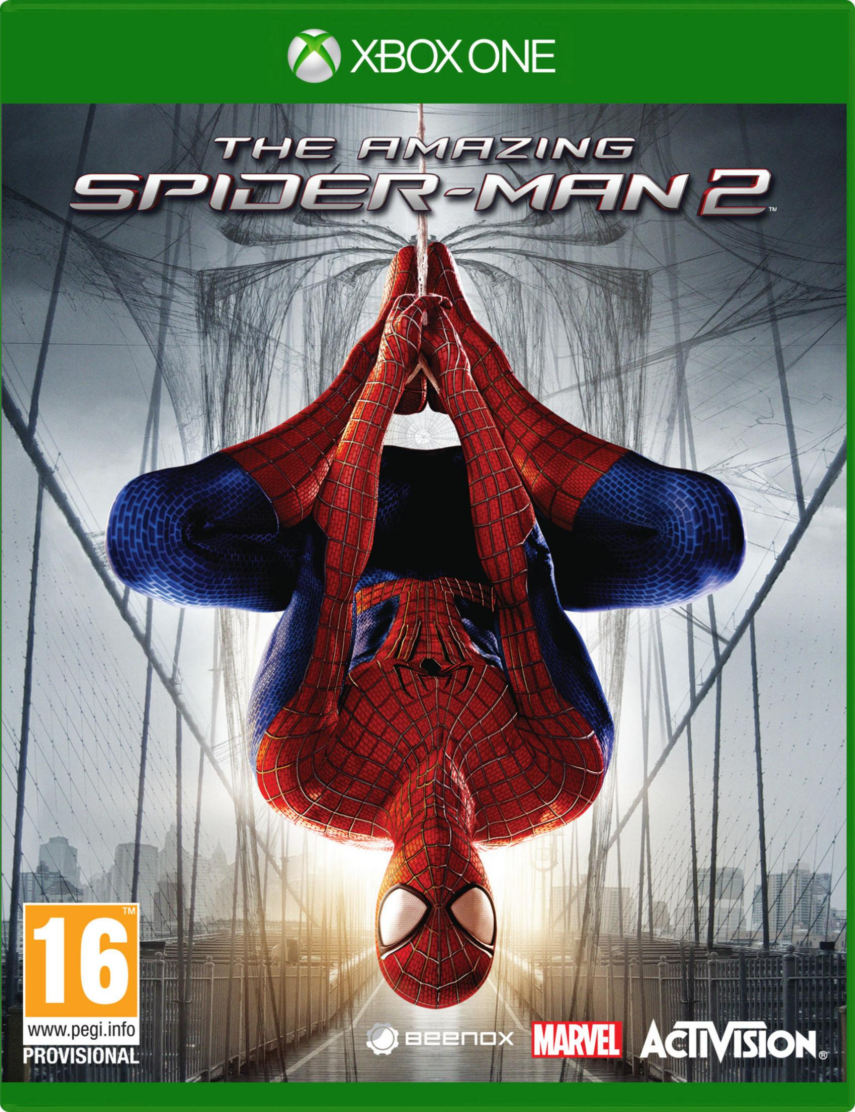 Spiderman hängt kopfüber an einem Netz über einer Brücke. "The Amazing Spider-Man 2" Logo.
